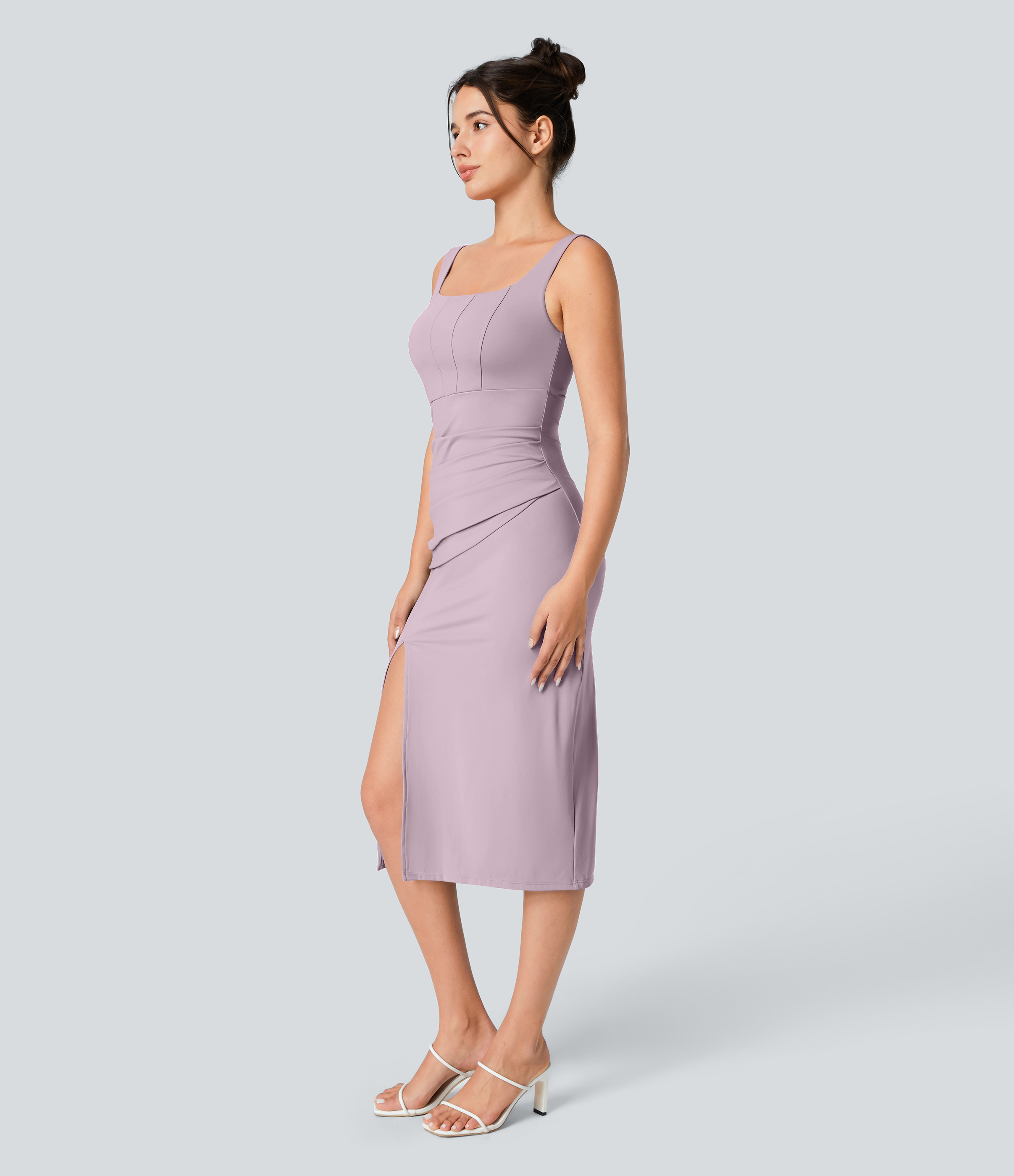 SoftlyZero™ Airy Square Neck Backless Corset Ruched Split Bodycon Midi Cool Touch Bridesmaid and Wedding Guest Dress