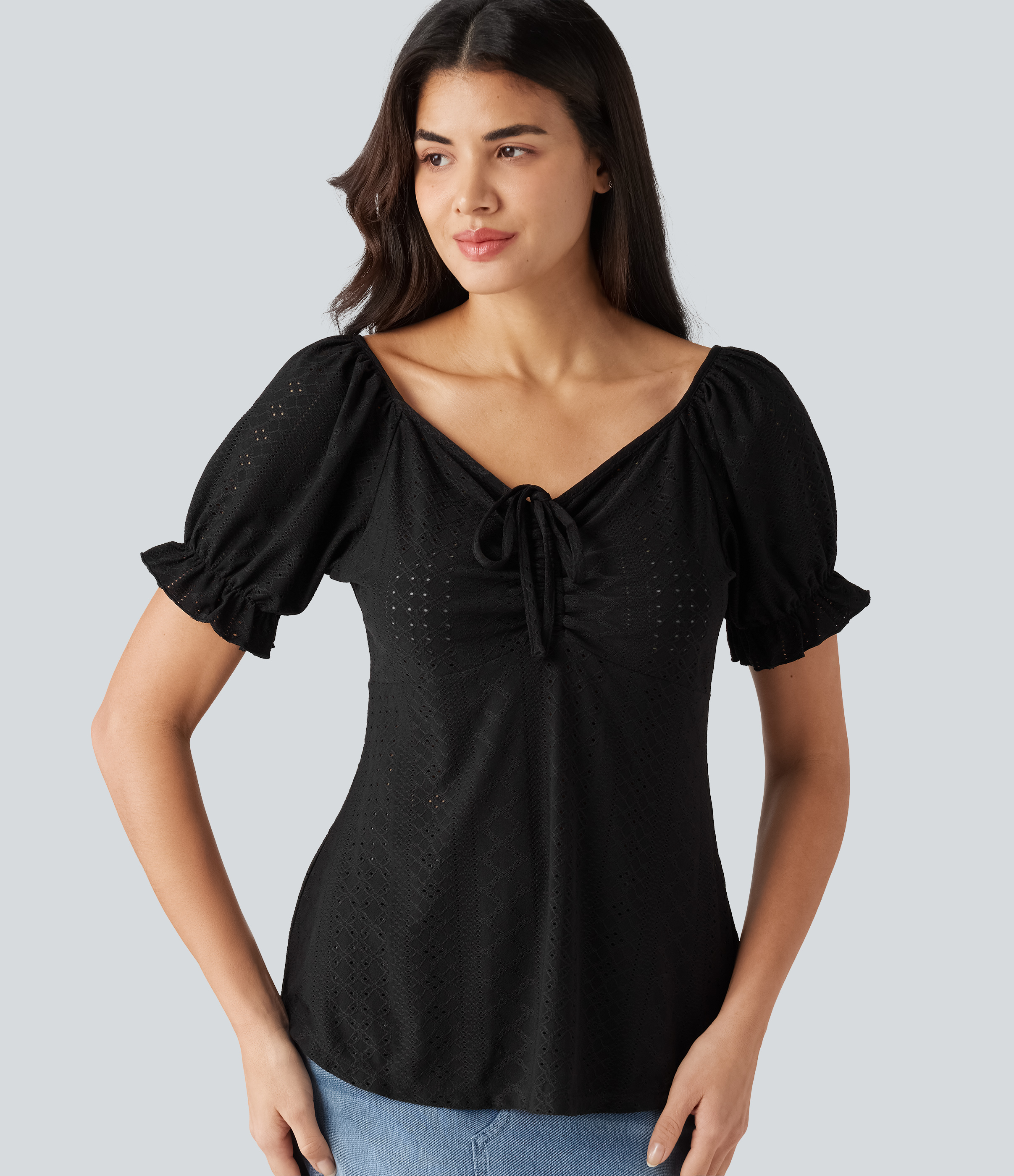 V Neck Puff Short Sleeve Lace Up Eyelet Casual Blouse