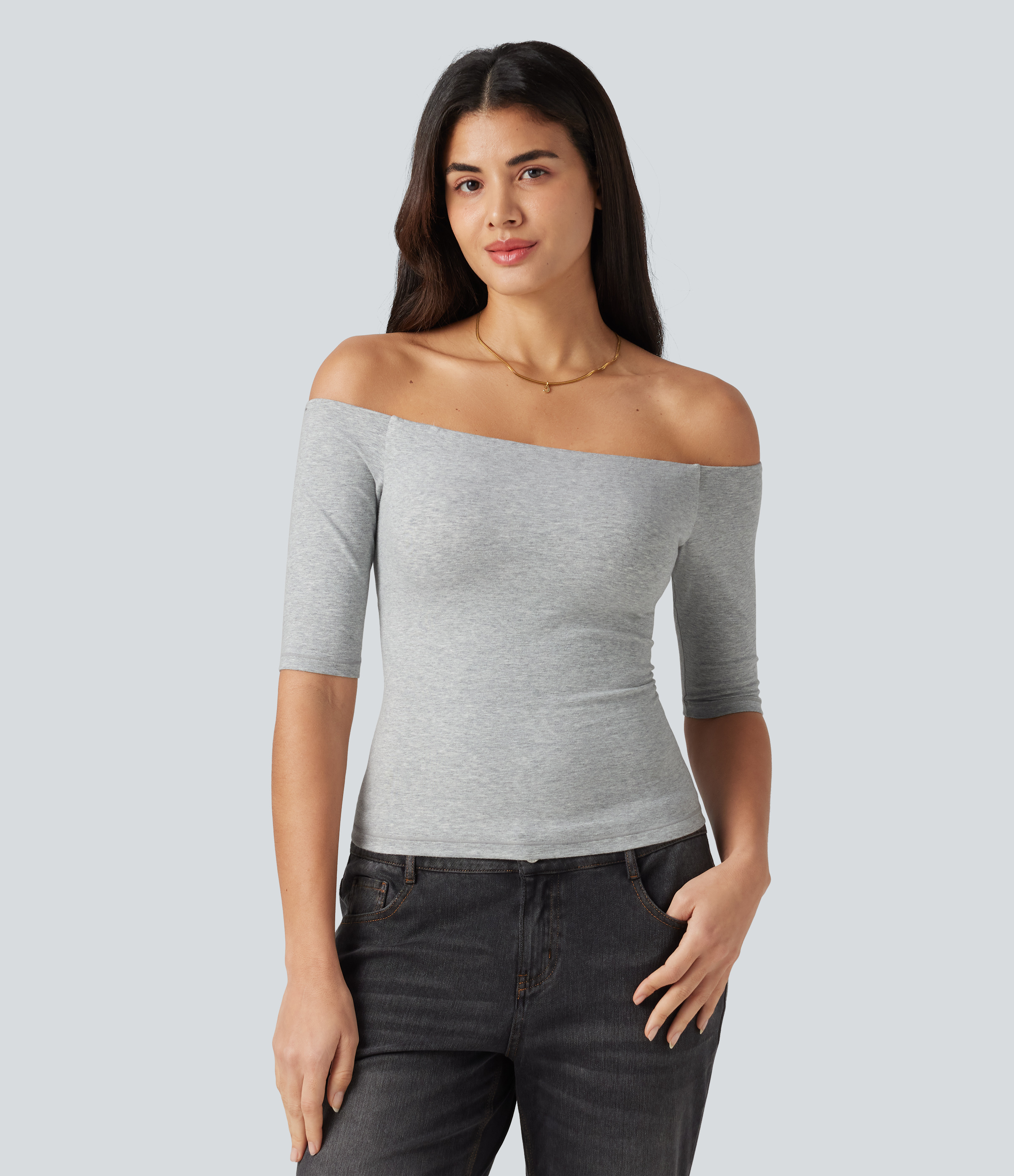 Urban Mist Halara T-shirt décontracté en jersey de coton, épaules dénudées, bretelles amovibles, manches mi-longues, soutien-gorge intégré, bonnets B-DD / 2