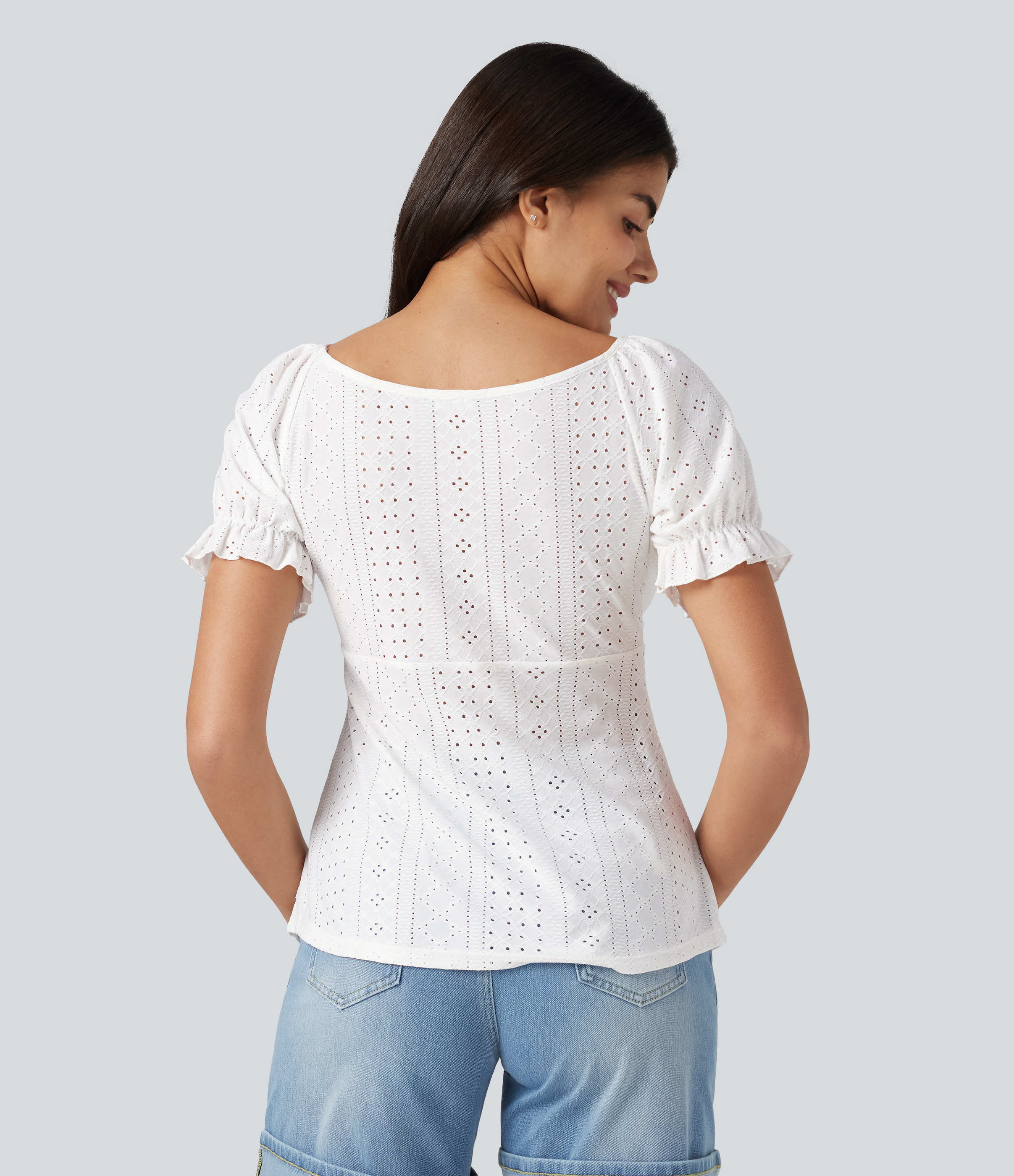 White V Neck Puff Short Sleeve Lace Up Eyelet Casual Blouse / 2
