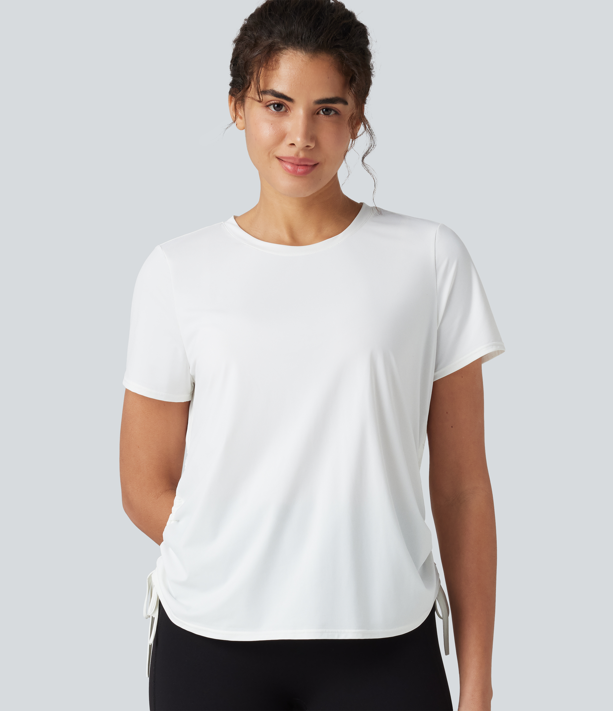 Round Neck Short Sleeve Drawstring Hem Cool Touch Quick Dry Workout Sports Top