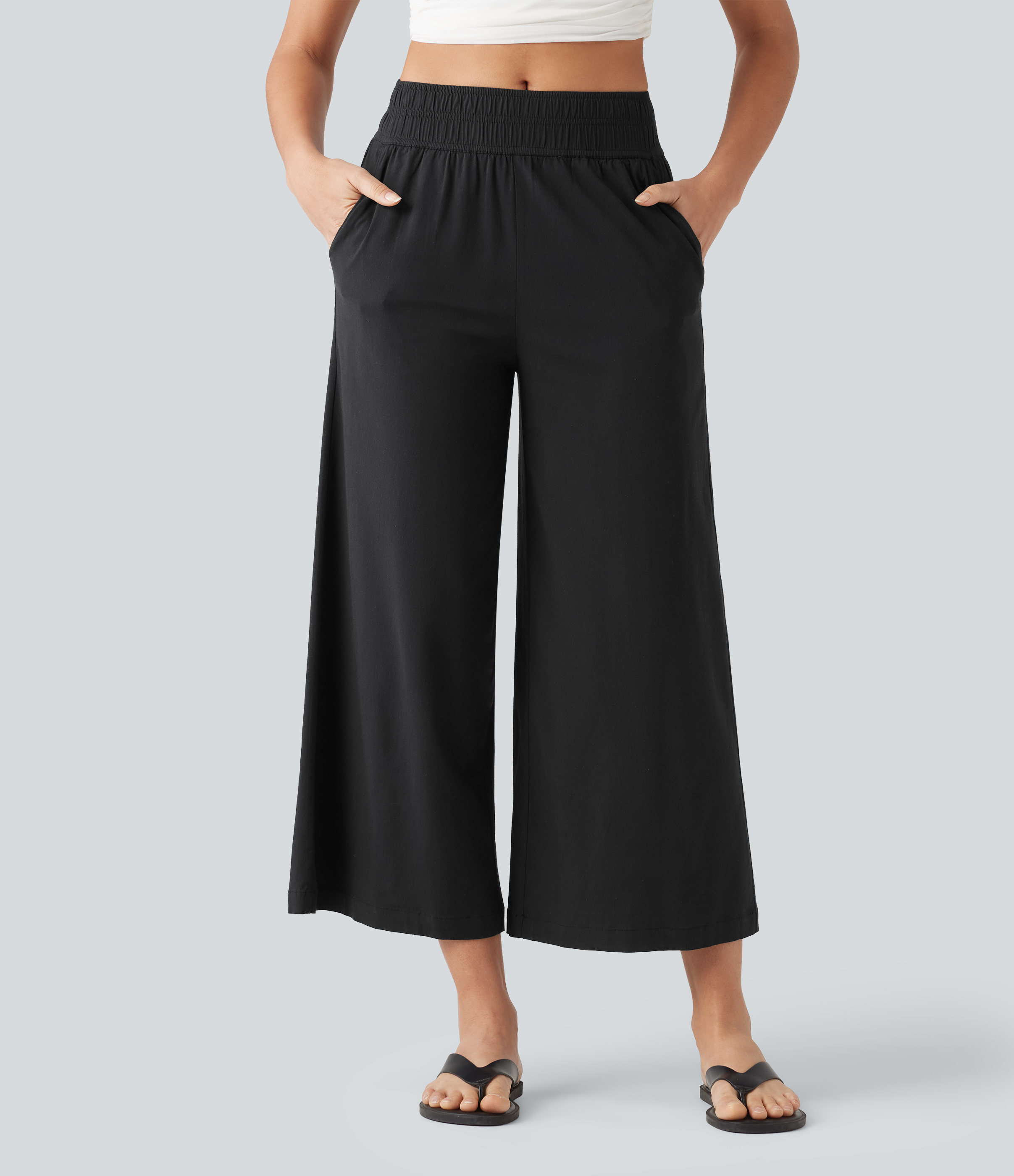 Mid Rise 7/8 Casual Stretch Linen Baggy Pants with Pockets