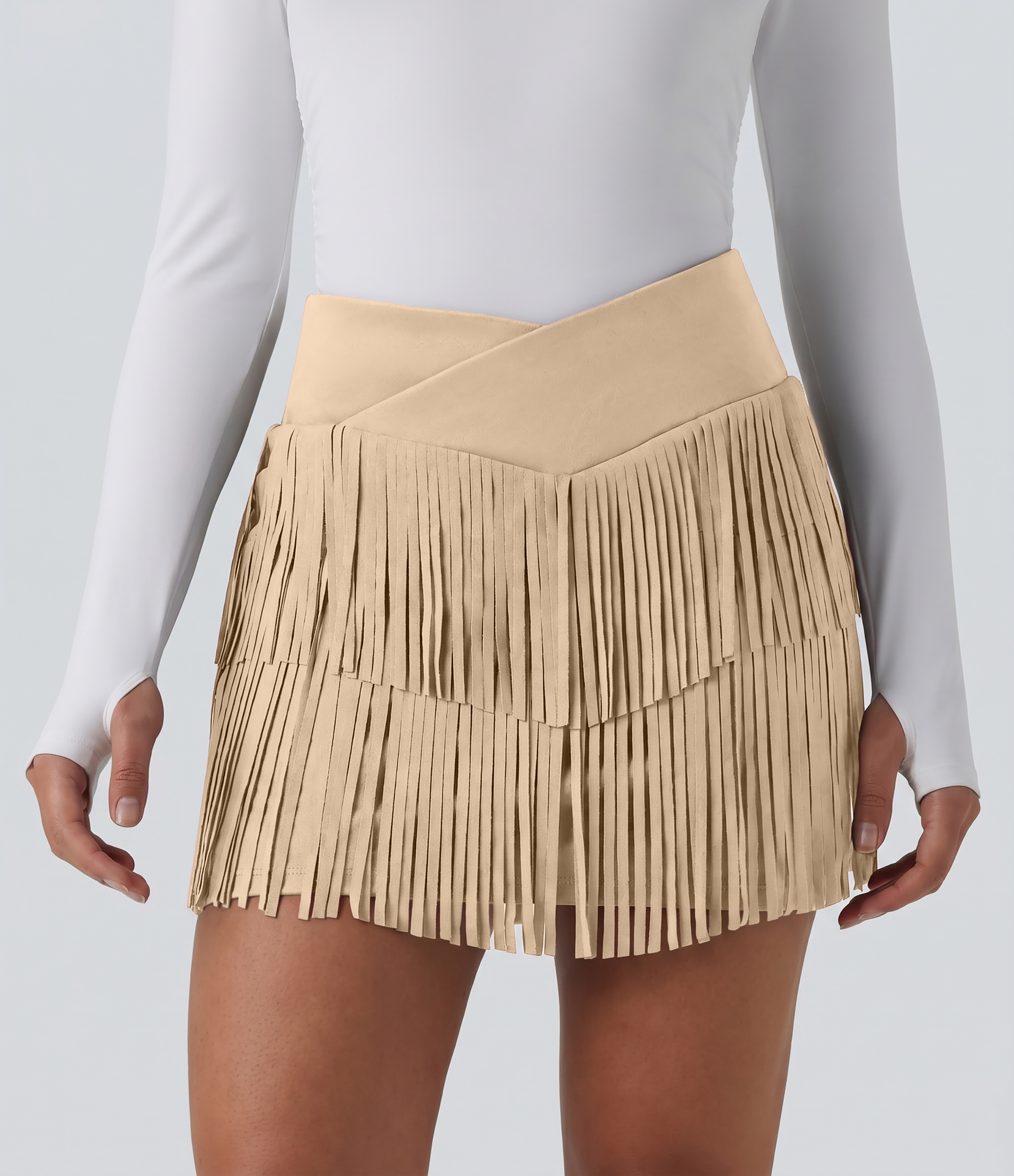 Crossover High Waisted 2-in-1 Fringe Hem Bodycon Mini Suede Party Skirt