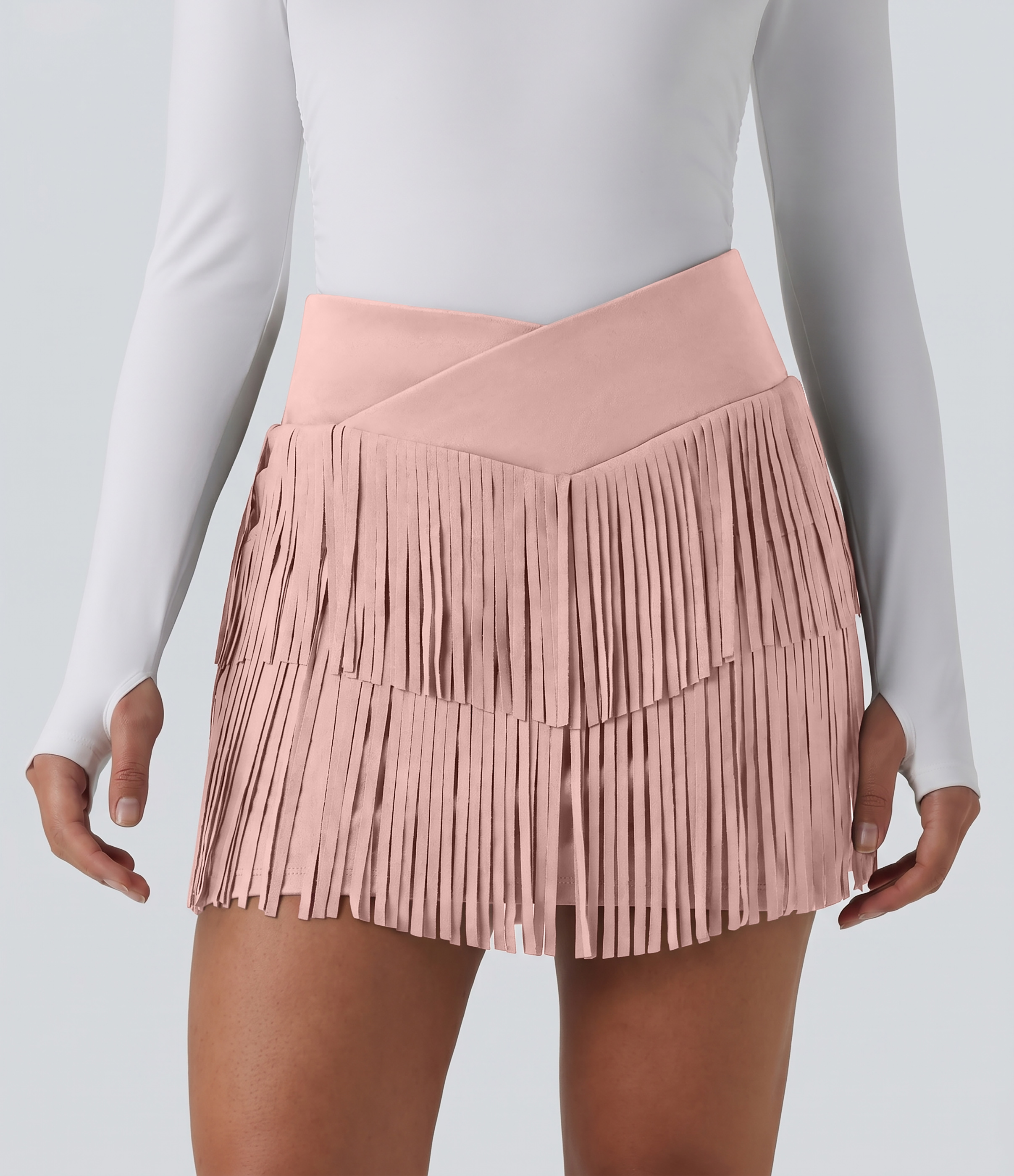 Crossover High Waisted 2-in-1 Fringe Hem Bodycon Mini Suede Party Skirt