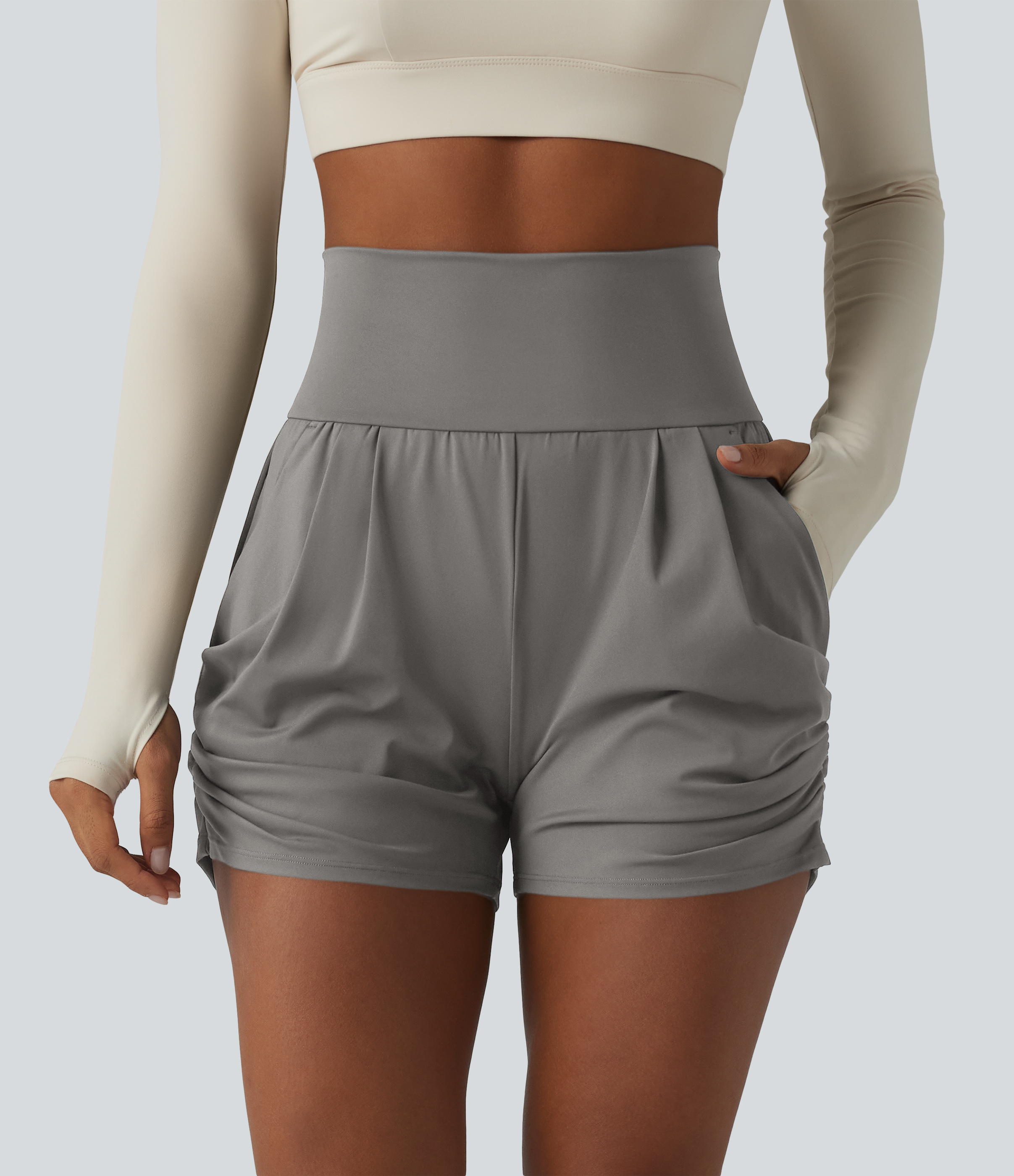 SoftlyZero™ Airy High Waisted Ruched Cool Touch Yoga Shorts 3'' with Pockets