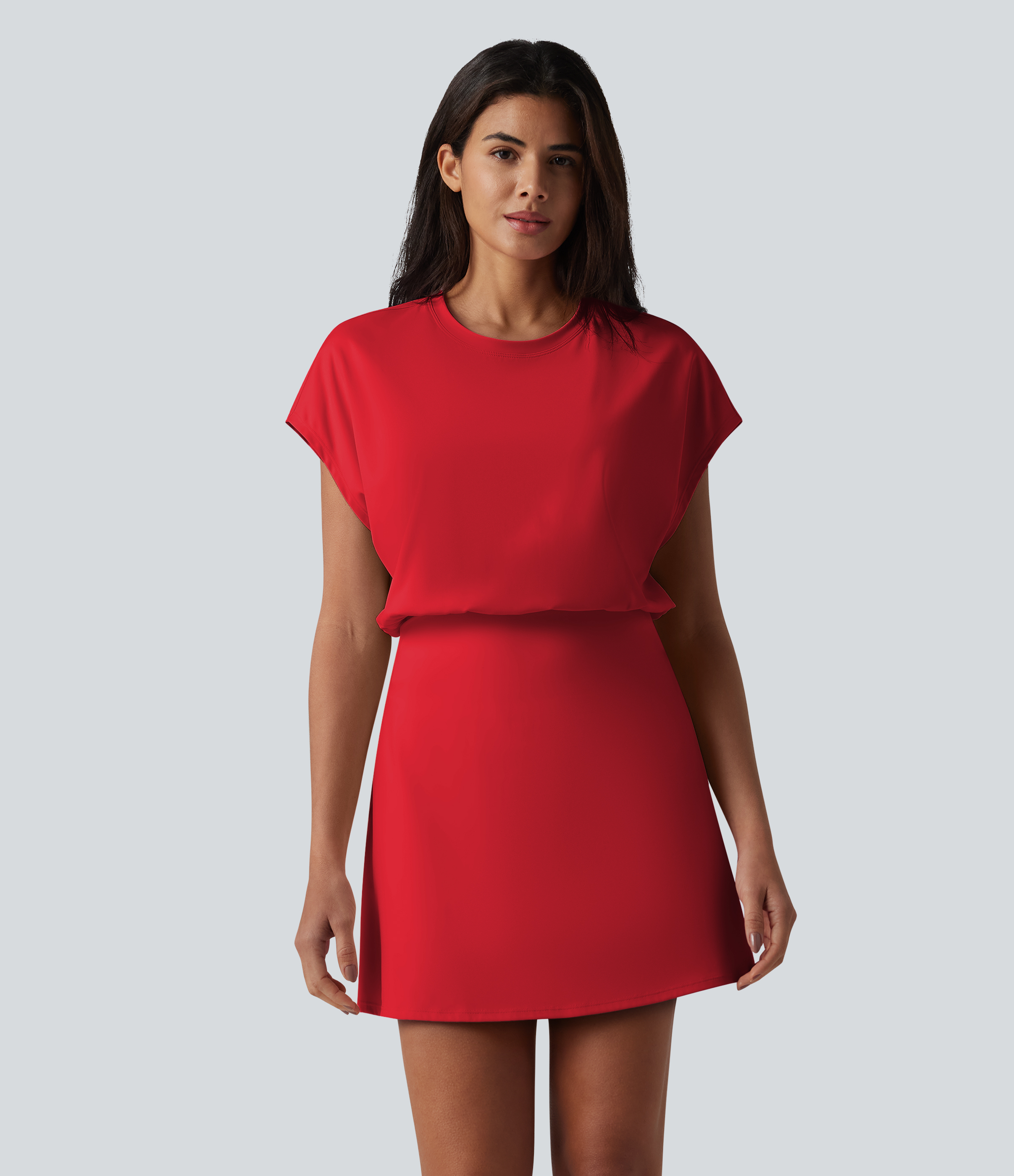 SoftlyZero™ Airy Round Neck Short Sleeve 2-in-1 Cool Touch Mini Yoga Active Dress with Pockets-Easy Peezy Edition