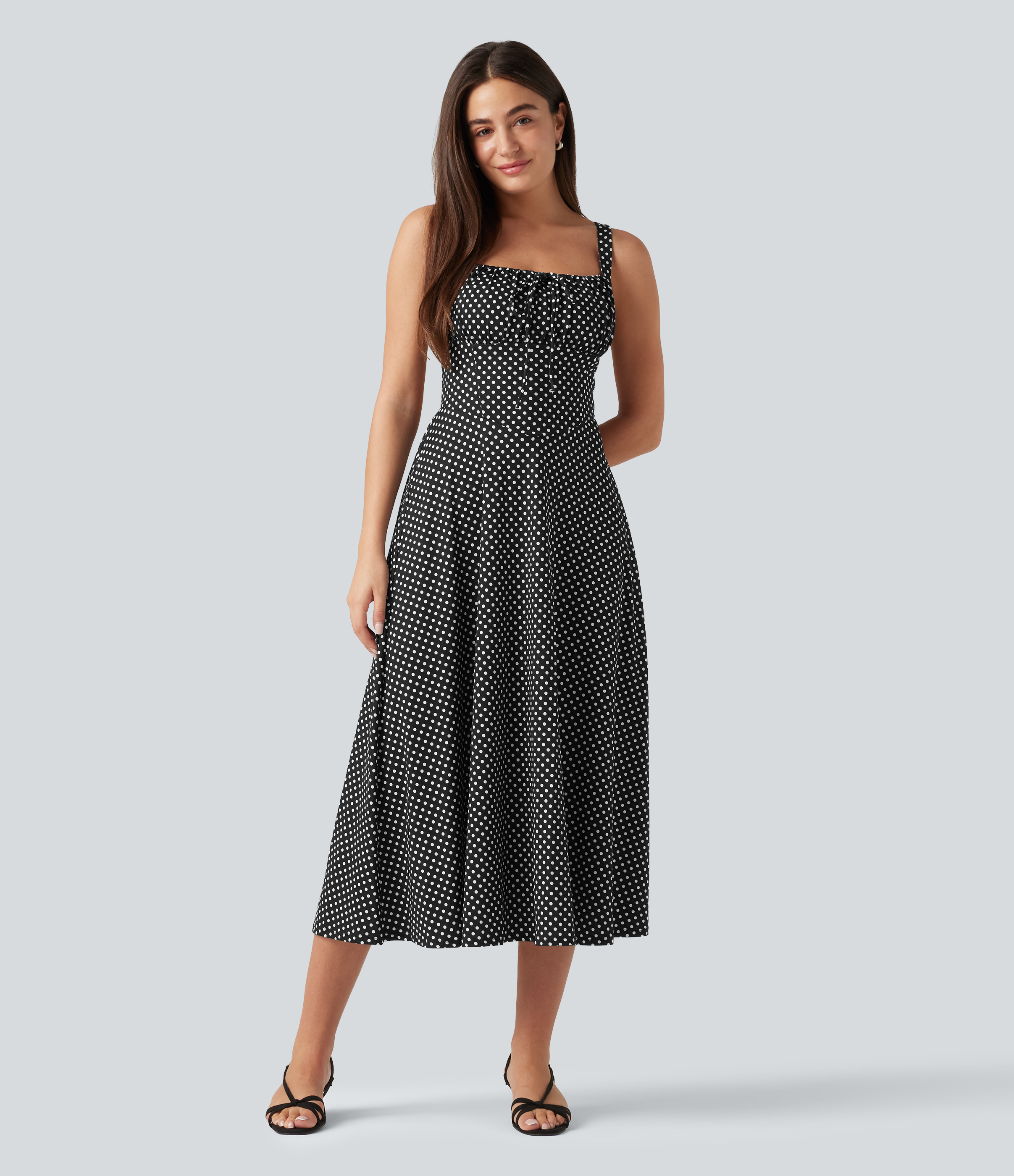 Crisscross Backless Square Neck Sleeveless Ruched Polka Dot Built-in Bra Midi Resort Flowy Dress