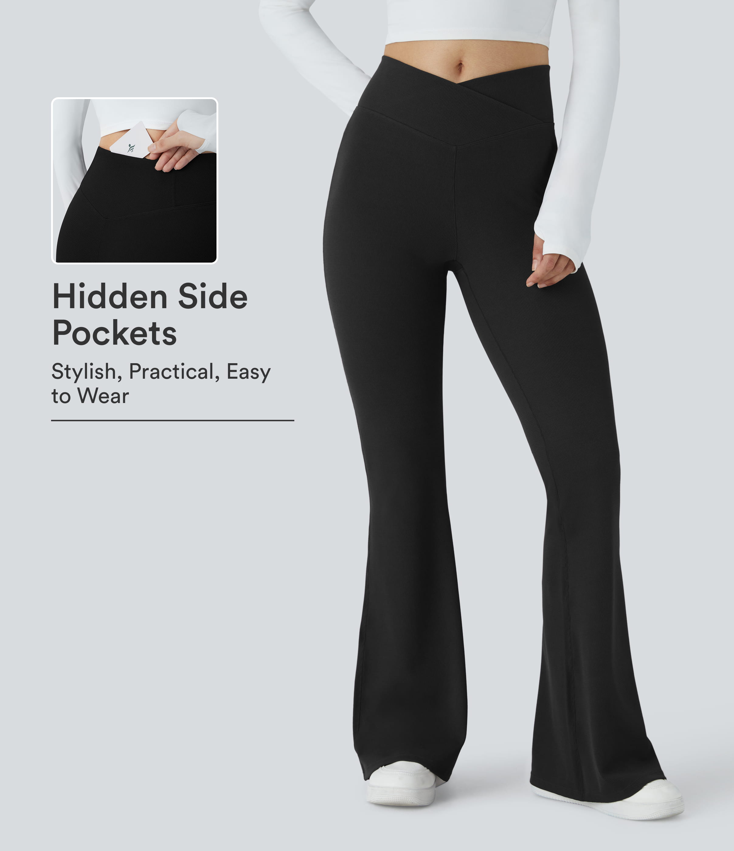 Crossover High Waisted Pocket Waffle Casual Flare Pants