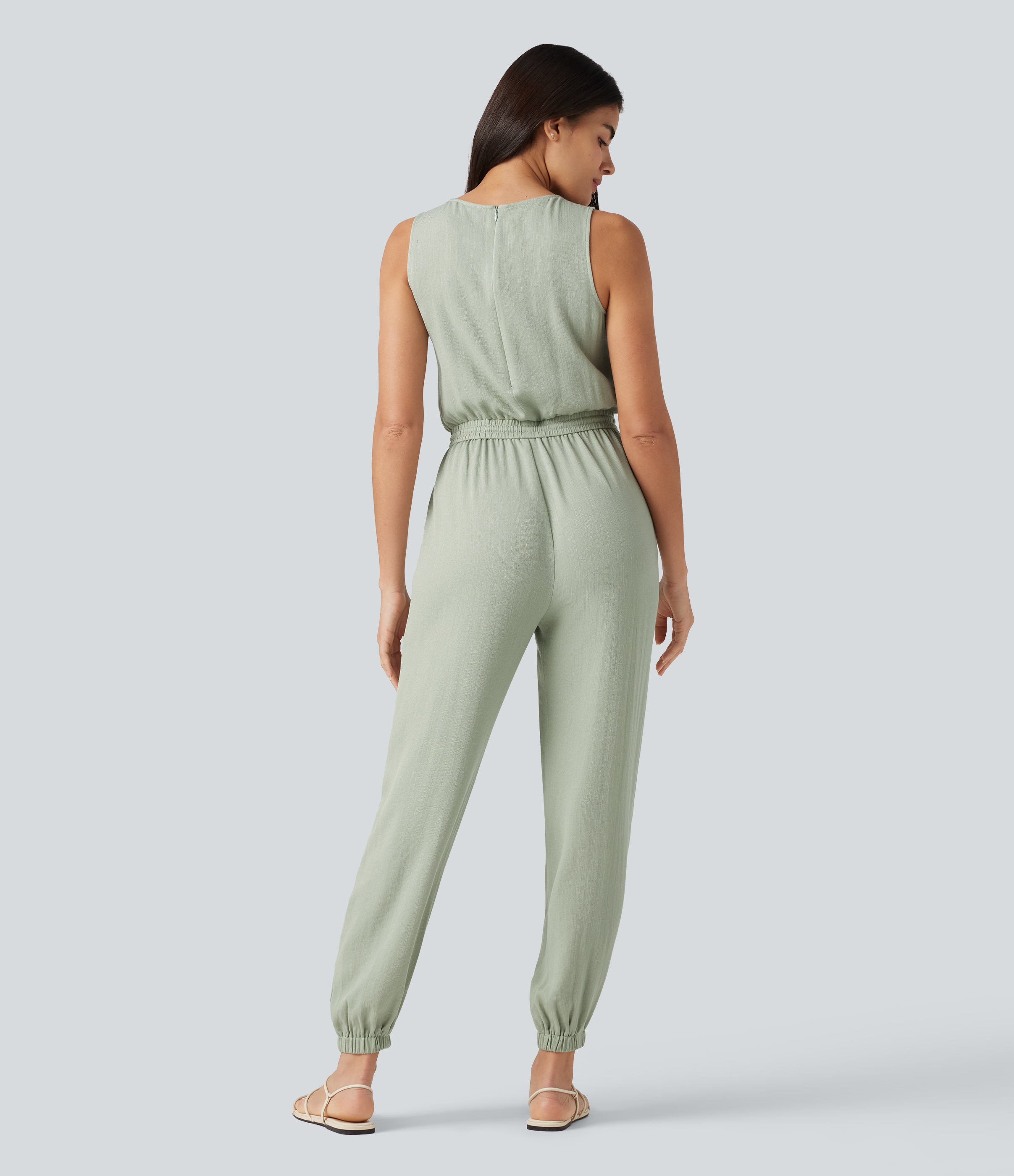 Fog Green Combinaison casual col rond sans manches avec cordon de serrage, aspect lin et poches / 2