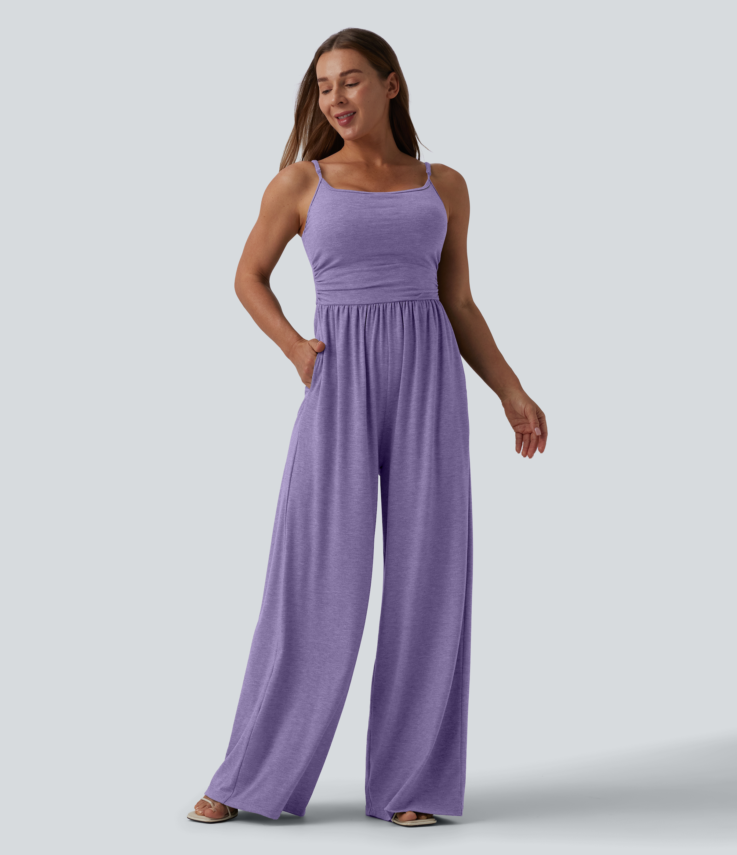 Mono casual de pierna ancha con tirantes ajustables, fruncido, tejido jaspeado y bolsillos - Easy Peezy