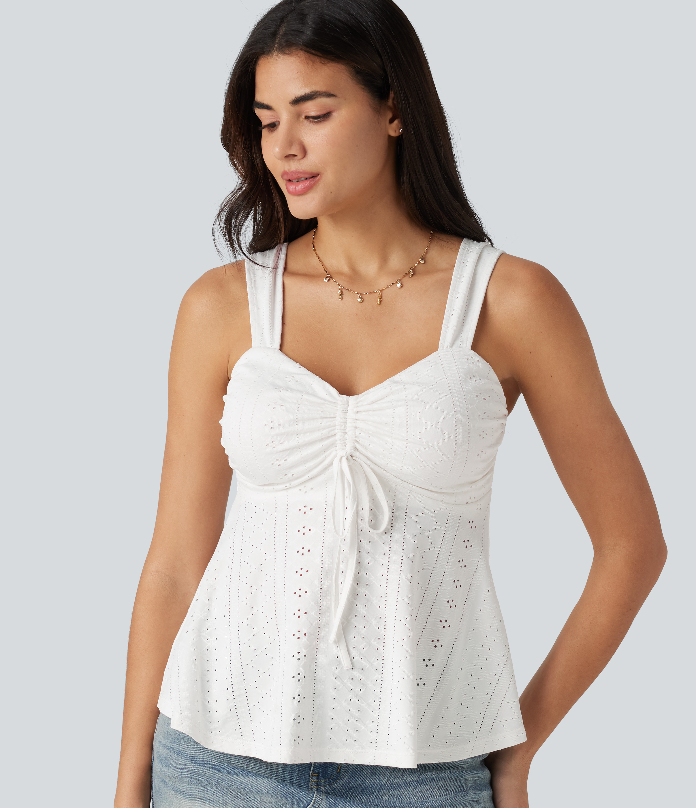 Ruched Drawstring Built-in Bra Eyelet Casual Tank Top