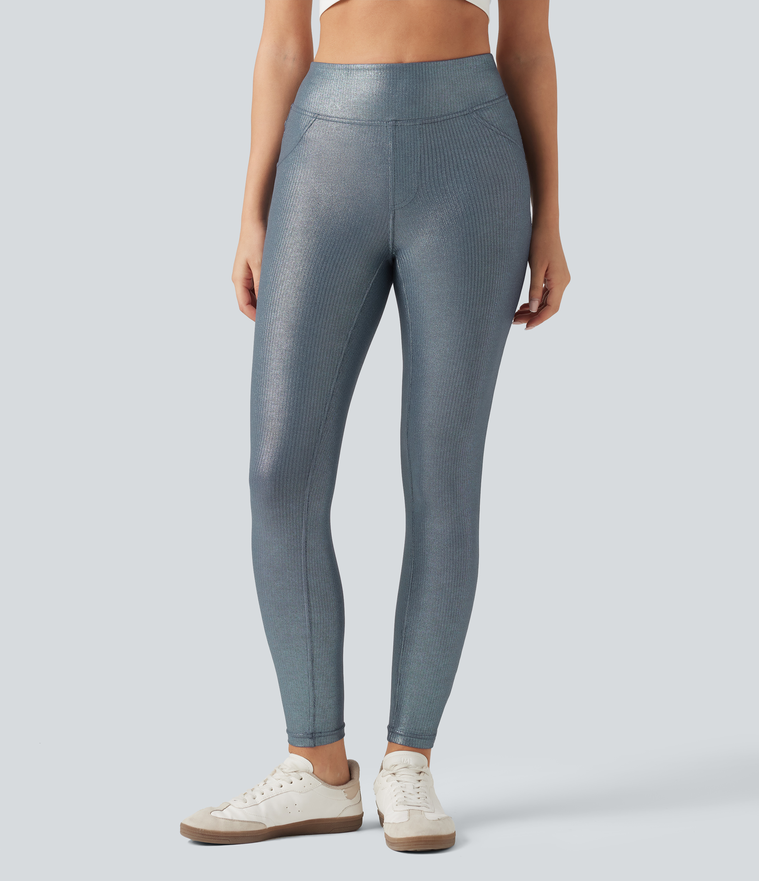Sea Fog Blue Ribbed Knit High Waisted Foil Print Yoga Leggings with Pockets / 2