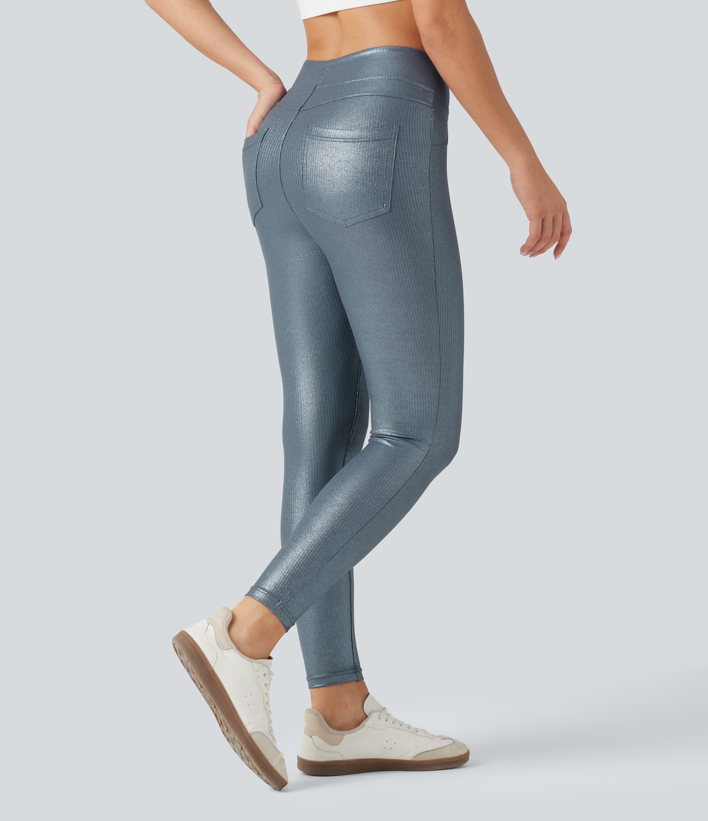 Ribbed Knit High Waisted Foil Print Yoga Leggings with Pockets