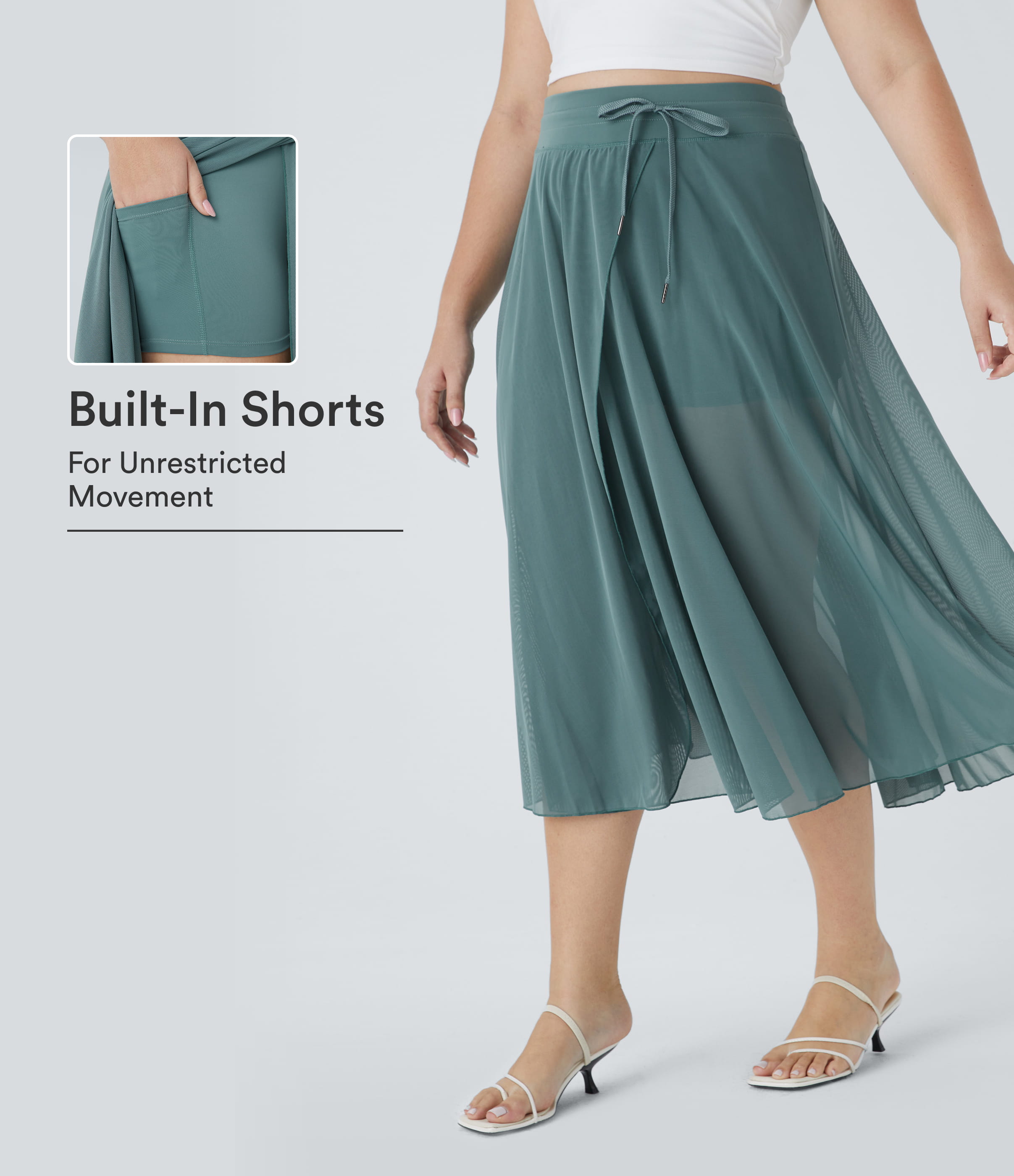 High Waisted Drawstring Contrast Mesh 2-in-1 Pocket Flowy Midi Flare Casual Plus Size Skirt