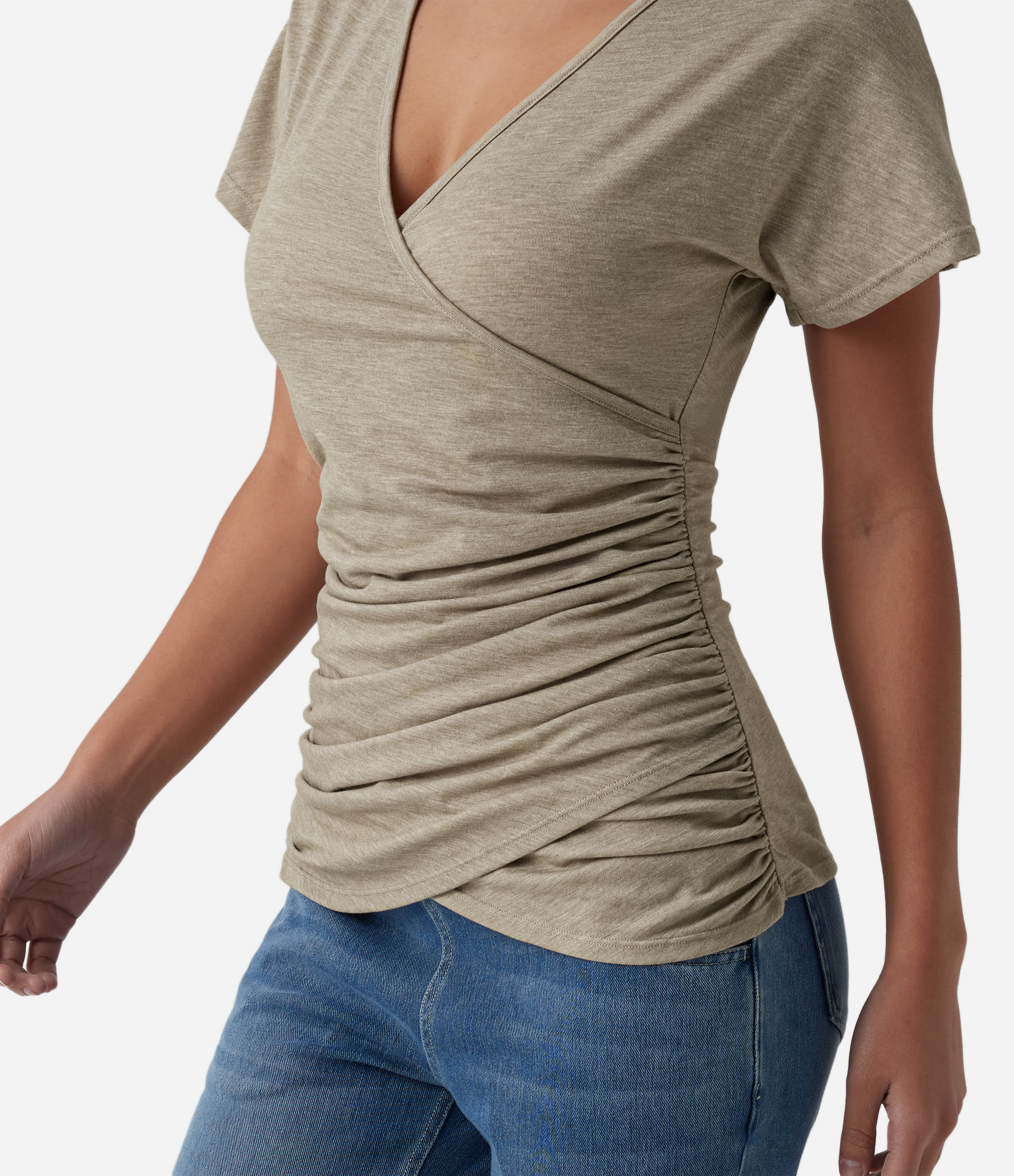 V Neck Short Sleeve Ruched Casual Top