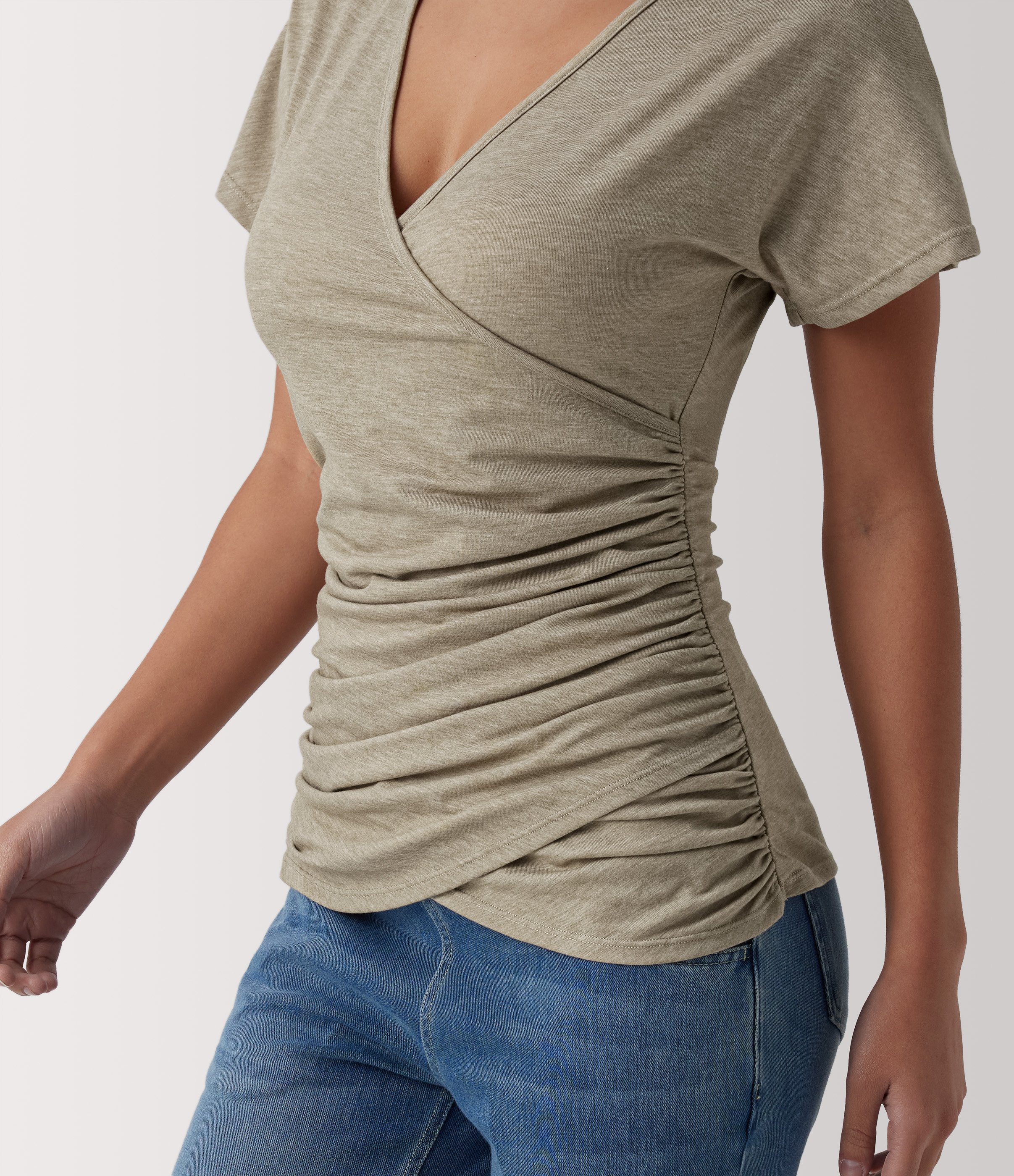 V Neck Short Sleeve Ruched Casual Top