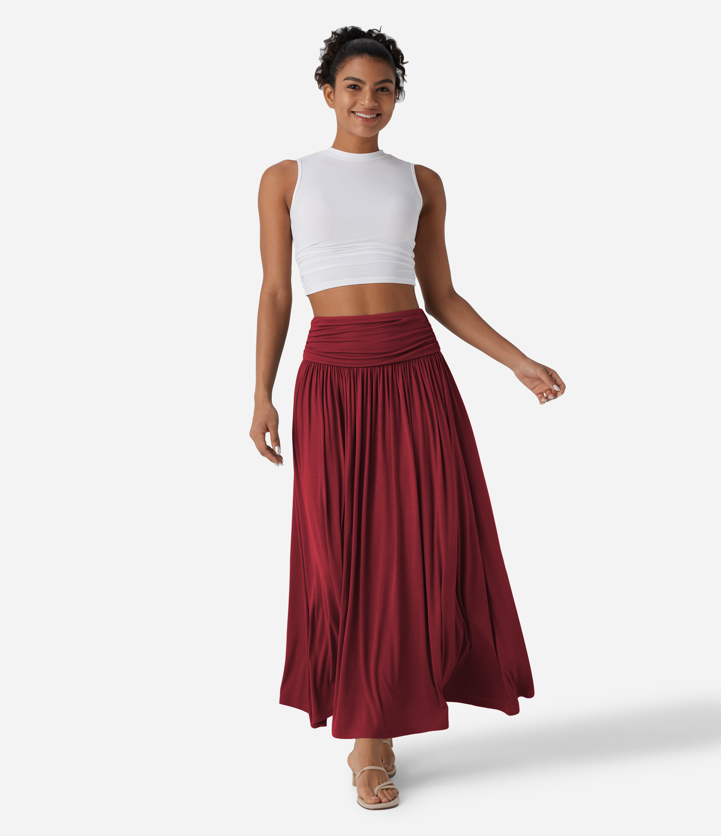High Waisted Ruched Flowy Maxi Casual Skirt