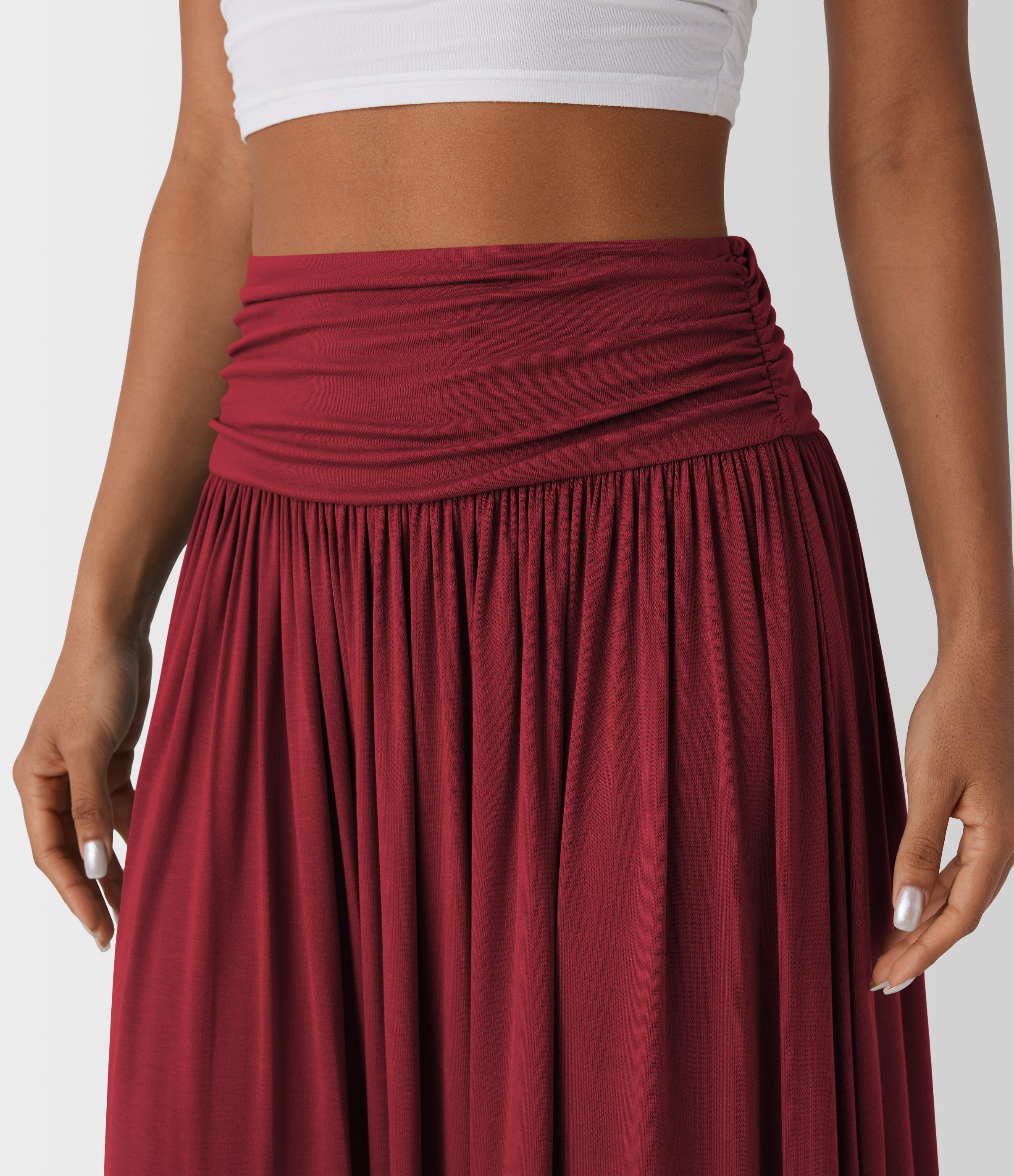 High Waisted Ruched Flowy Maxi Casual Skirt