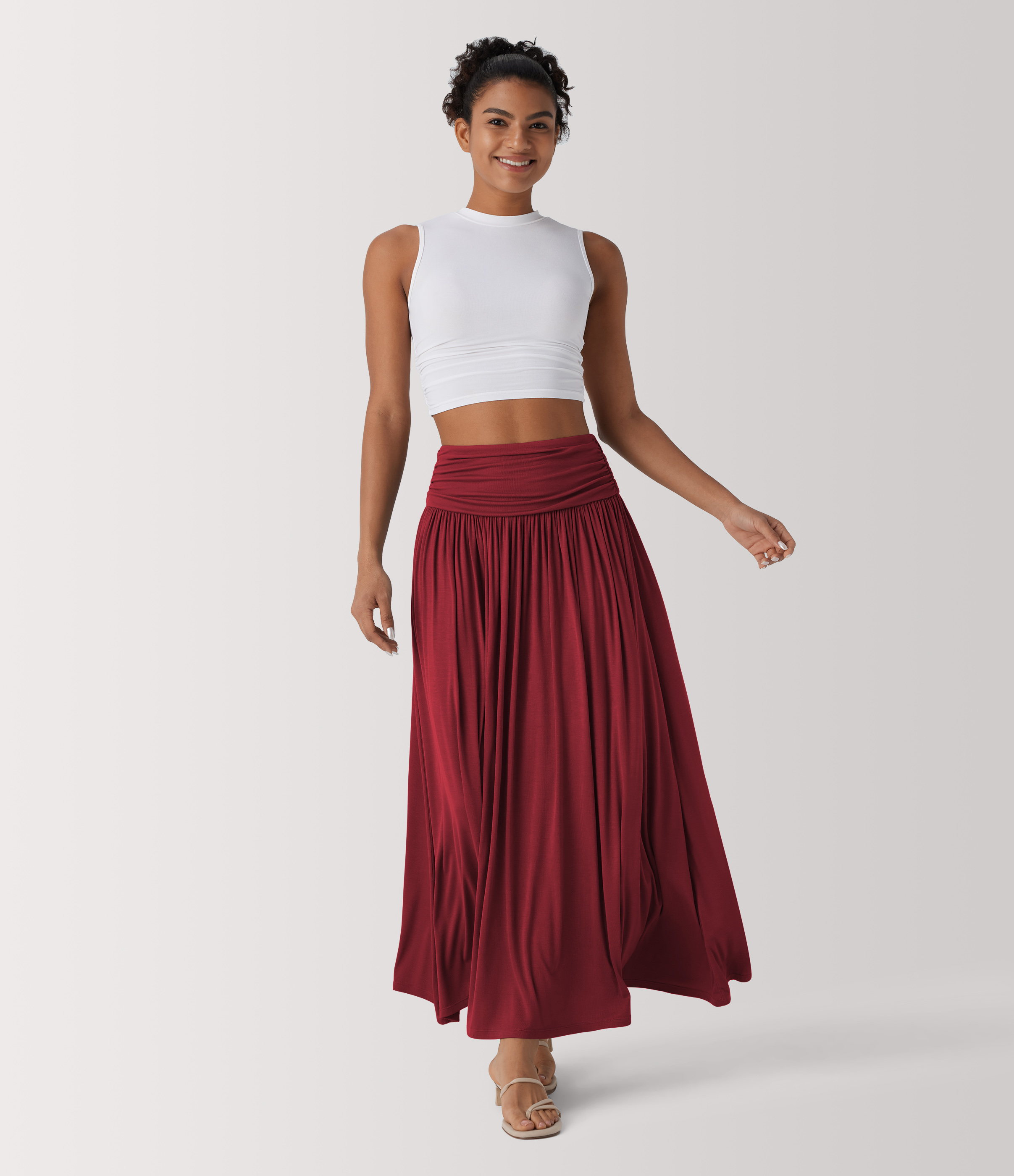 High Waisted Ruched Flowy Maxi Casual Skirt