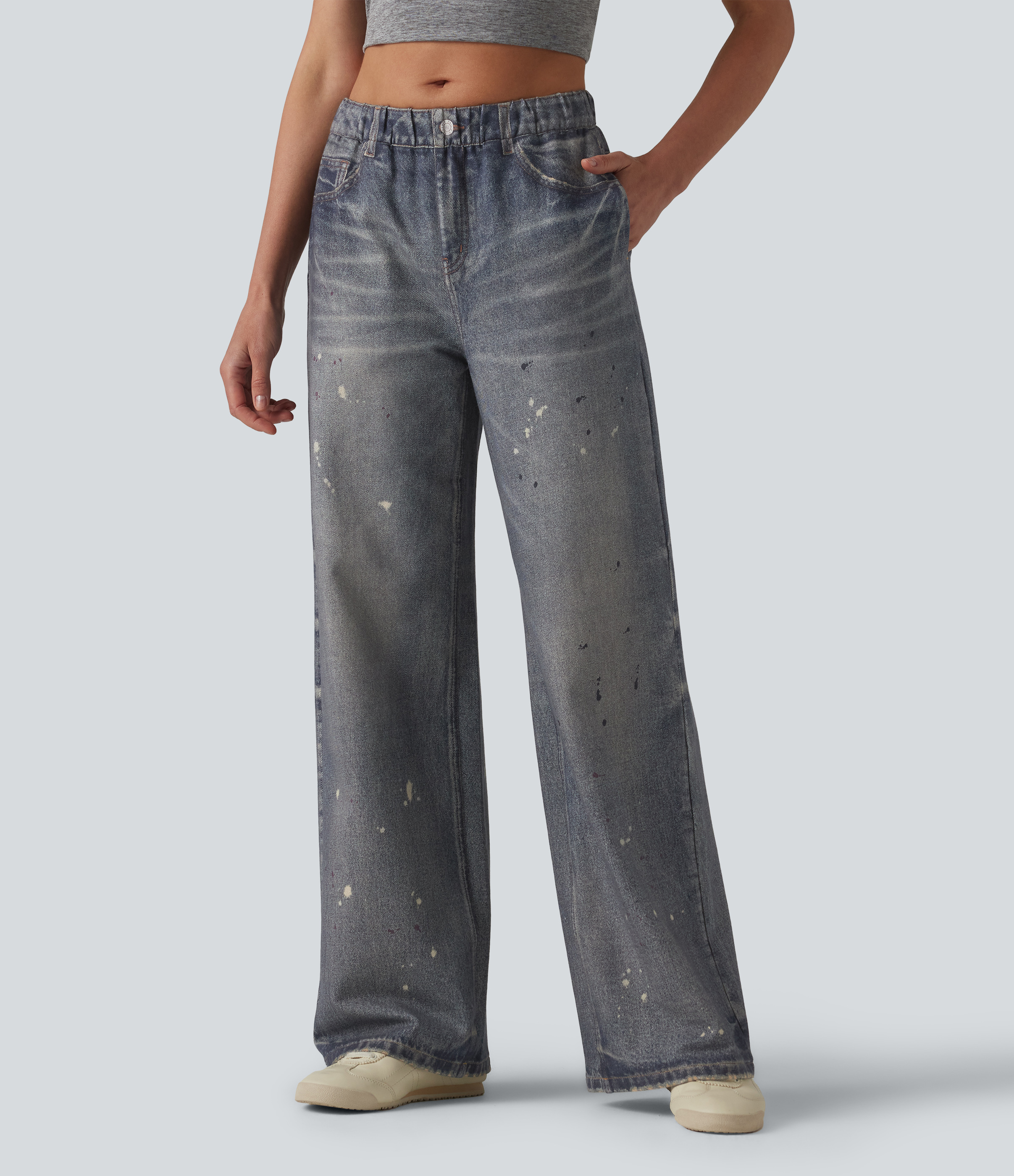 Mid Rise Denim Print French Terry Casual Sweatpants Jeans with Pockets — Painted Vintage Blue by Halara