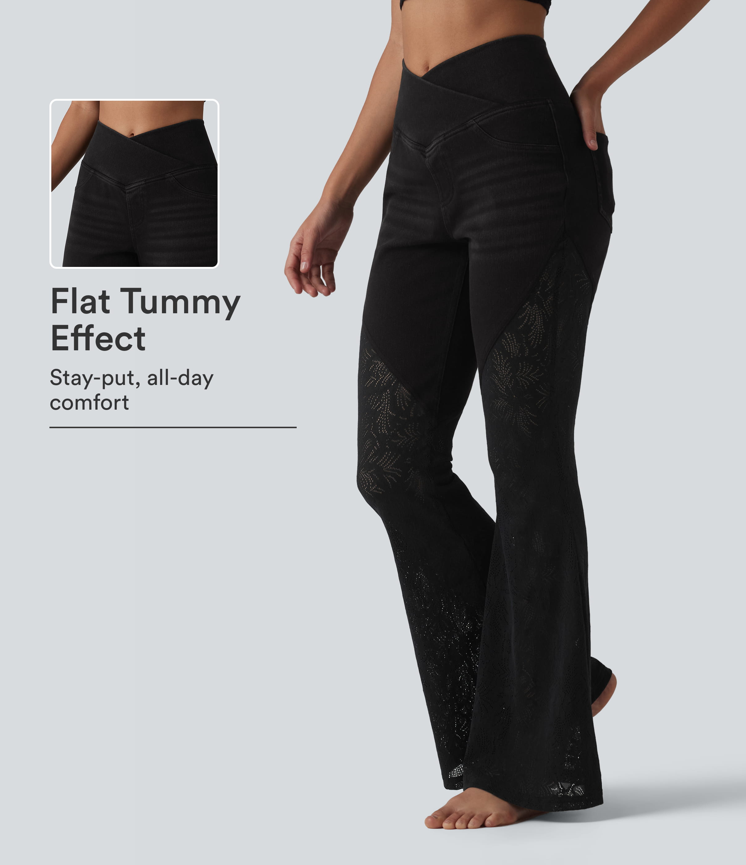 Halara Flex™ High Waisted Tummy Control Crossover Contrast Lace Flare Casual Jeans with Pockets