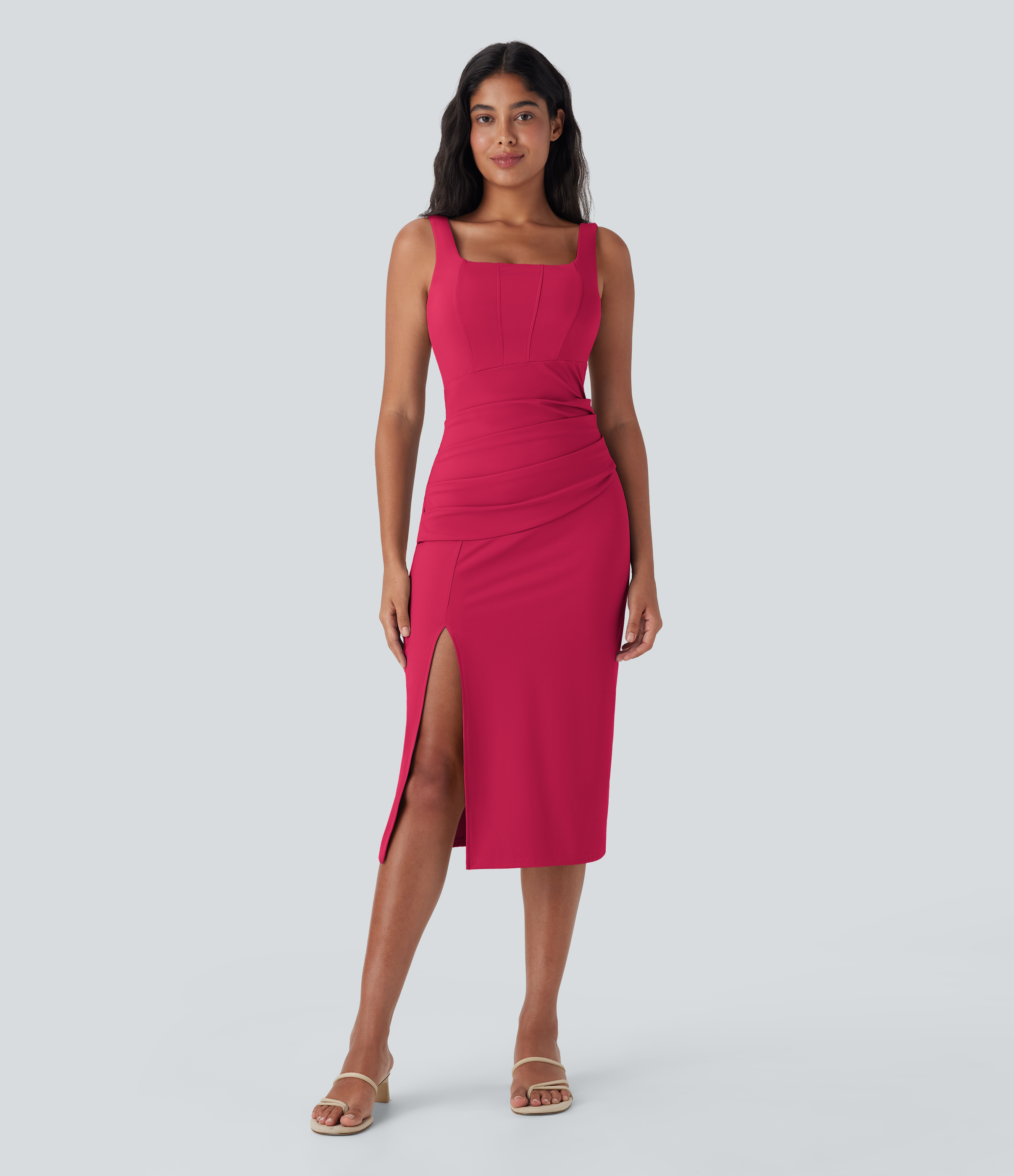 SoftlyZero™ Airy Square Neck Corset Ruched Bodycon Midi Cool Touch Dress DD-F Cups