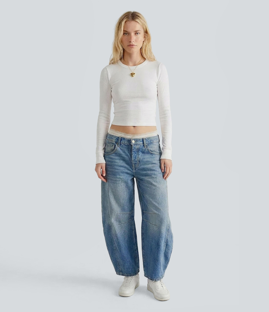 Halara Flex™ Contrast Lace Low Rise Barrel Leg Casual Jeans with Pockets