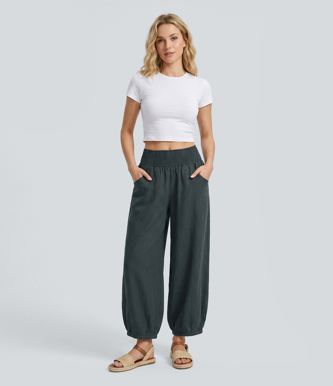 Mid Rise Shirred Barrel Leg Casual Pants with Pockets
