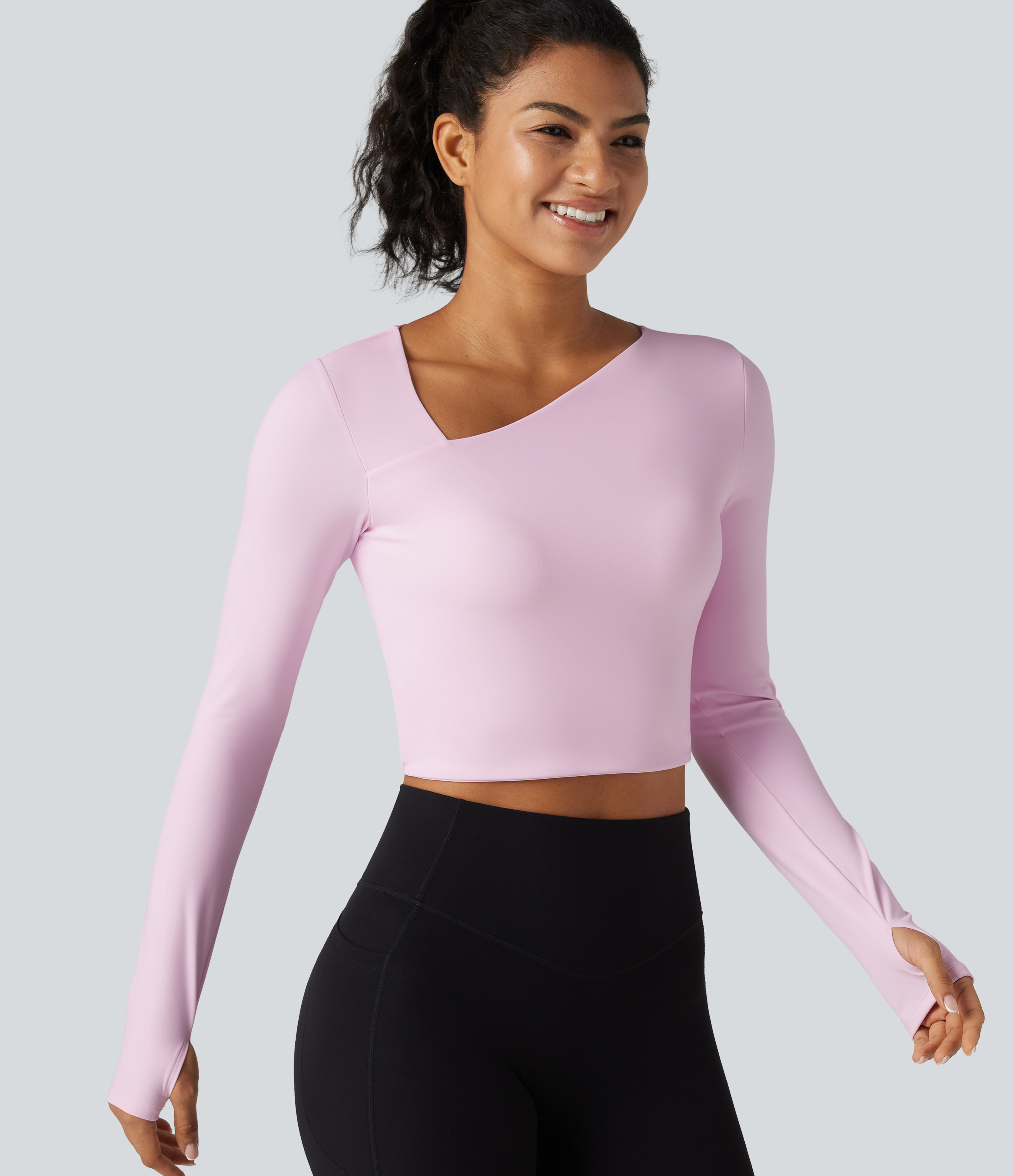 Asymmetric Neck Non-Removable Pad Long Sleeve Thumb Hole Cropped Yoga Sports Top