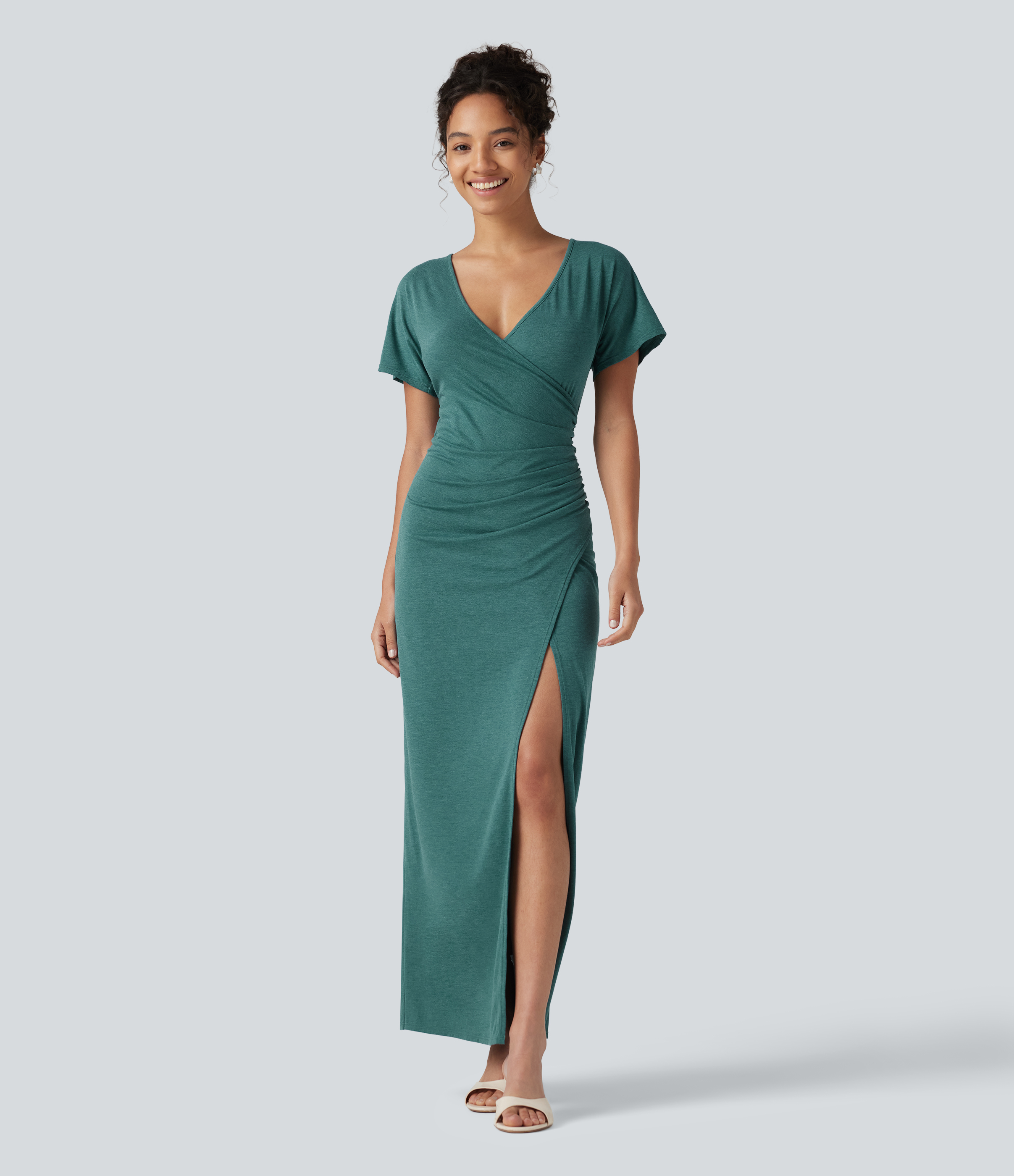 V-neck Batwing Sleeve Ruched Split Maxi Casual Bodycon Dress