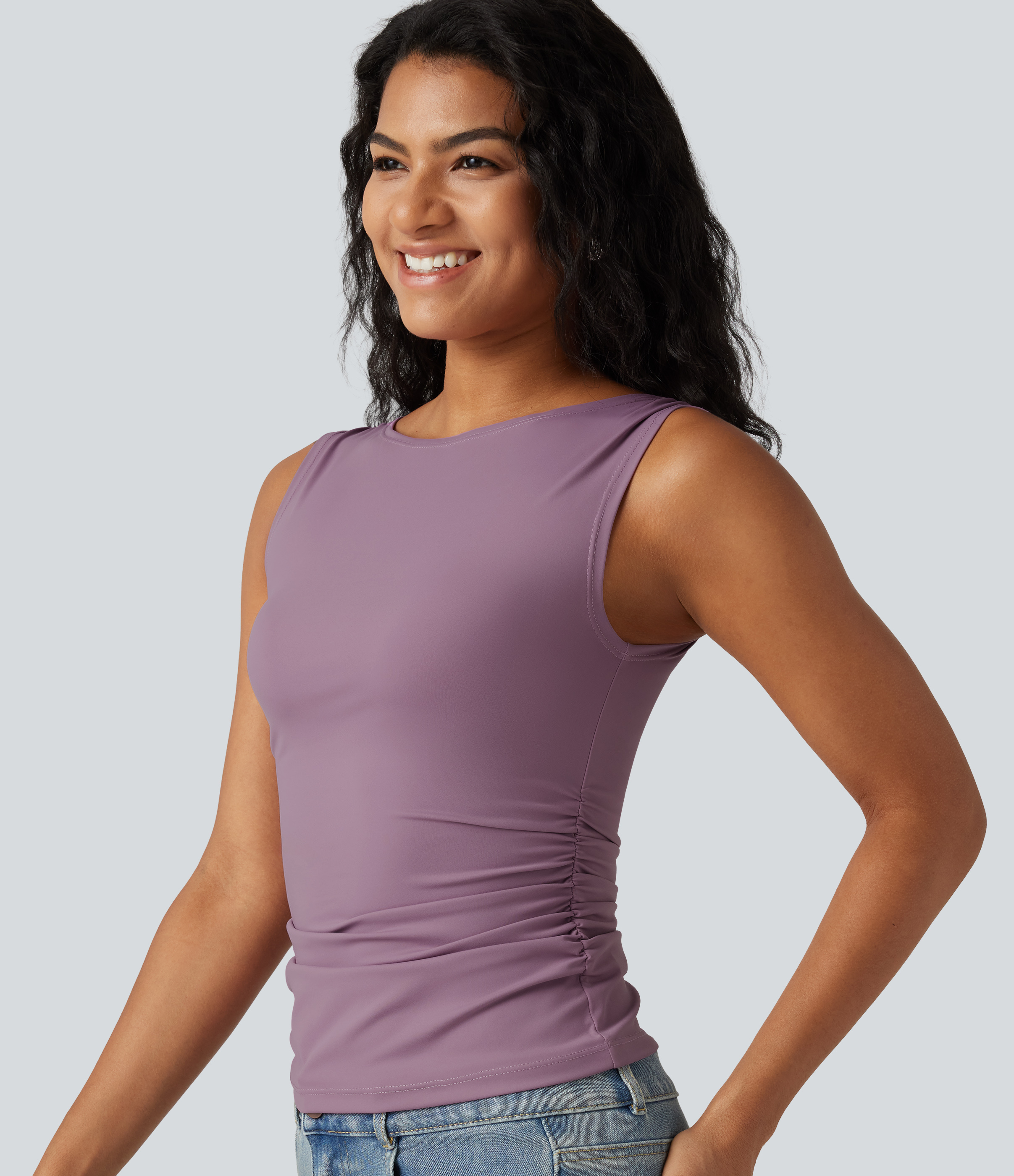 Boat Neck Ruched Casual Tank Top