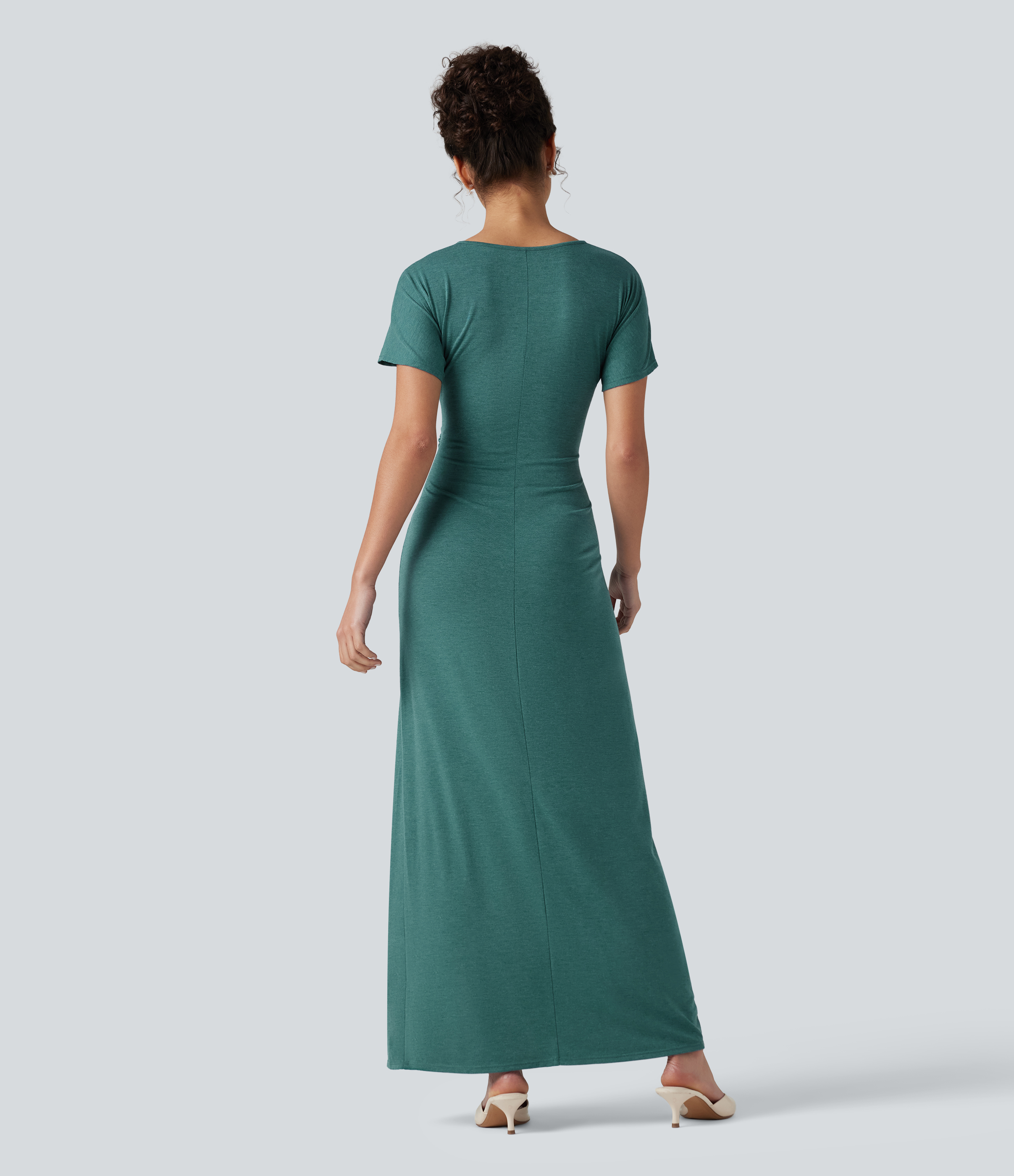 Jade Green Floral Yarn V-neck Batwing Sleeve Ruched Split Maxi Casual Bodycon Dress / 2