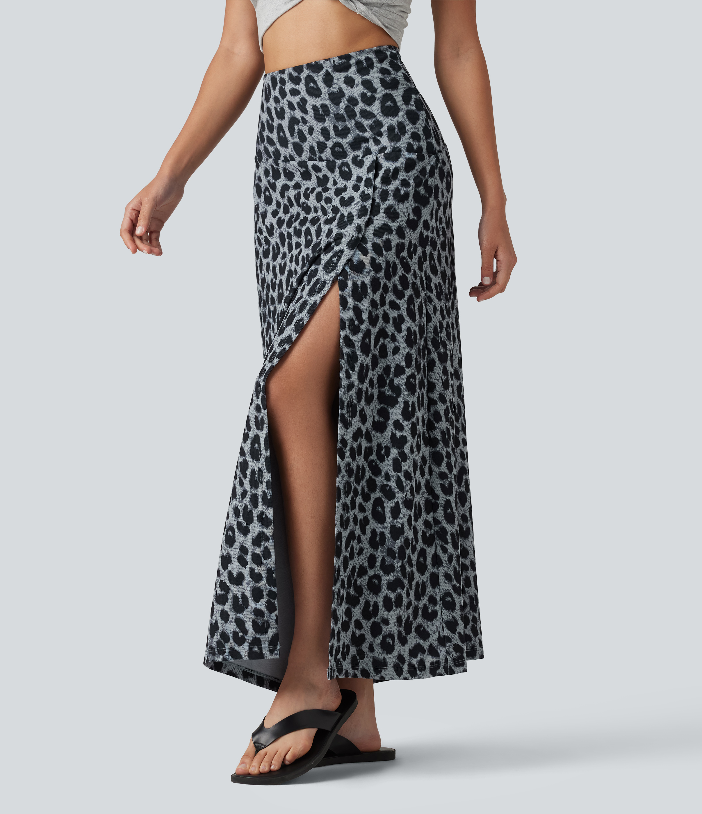 High Waisted Tummy Control Leopard Print Waffle Maxi Casual Skirt with Pocket