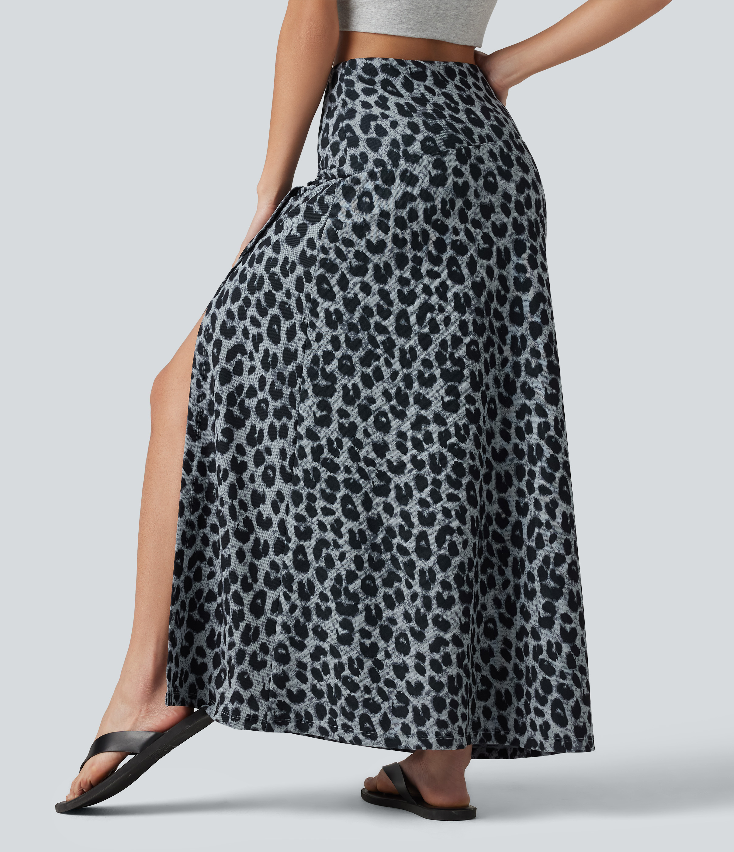 Frosted Panther High Waisted Tummy Control Leopard Print Waffle Maxi Casual Skirt with Pocket / 2