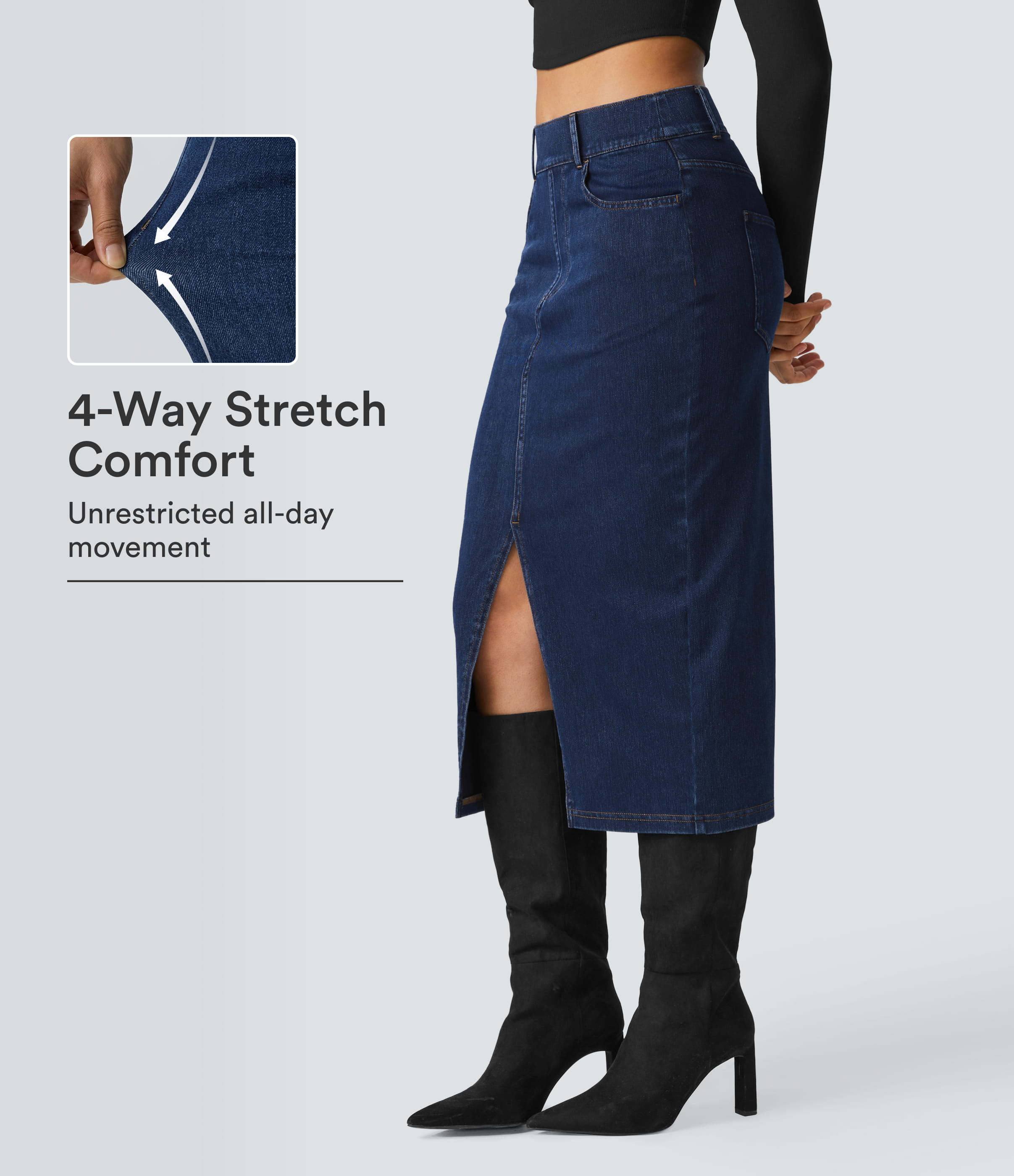 Jupe midi décontractée en jean moulant à poches et taille haute Halara Flex™