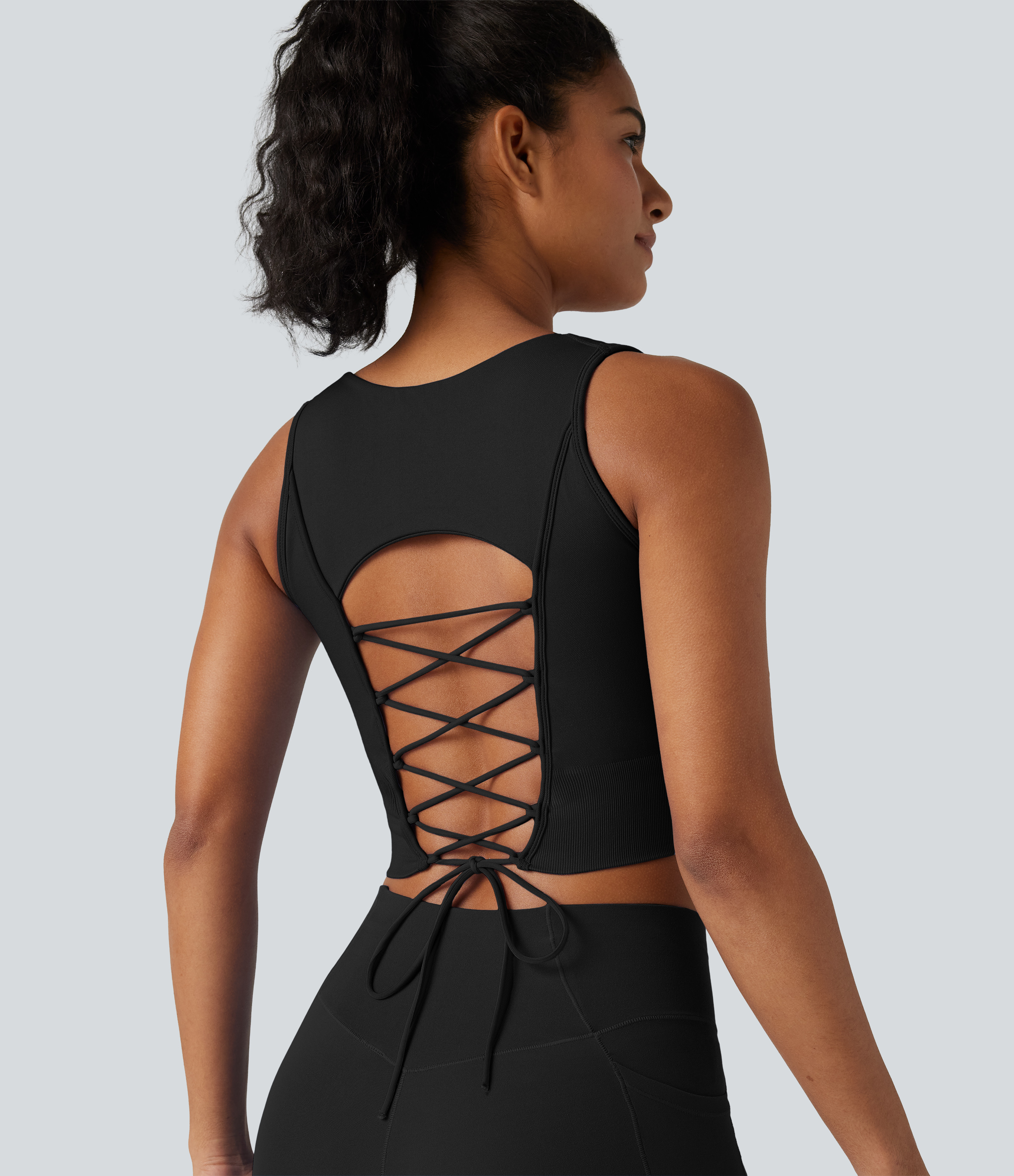 OneForm Seamless Flow V Neck Built-in Bra Lace Up Cropped Yoga Tank Top