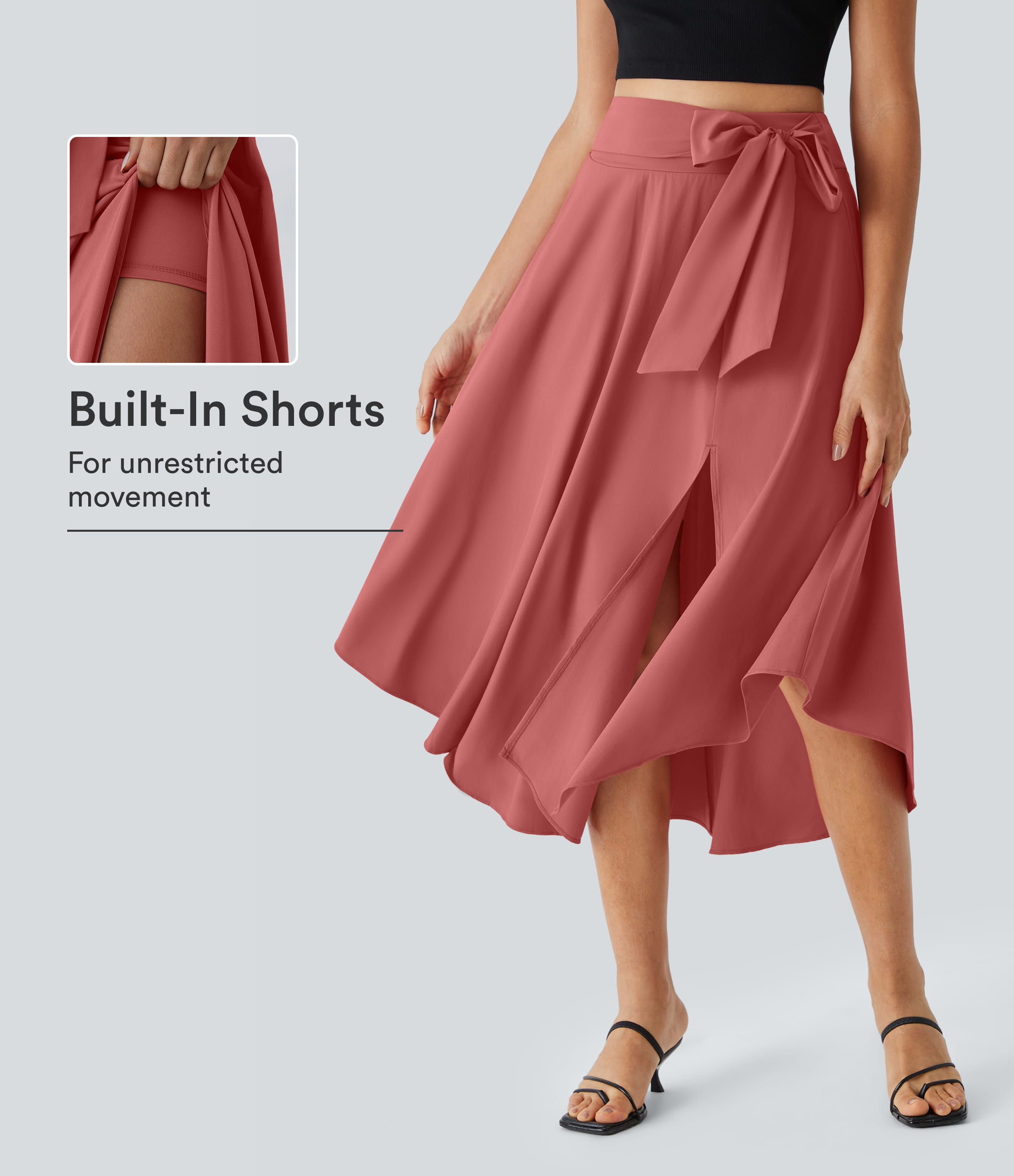 Breezeful™ High Waisted Tie Side 2-in-1 Curved Hem Flowy Quick Dry Midi Casual Skirt