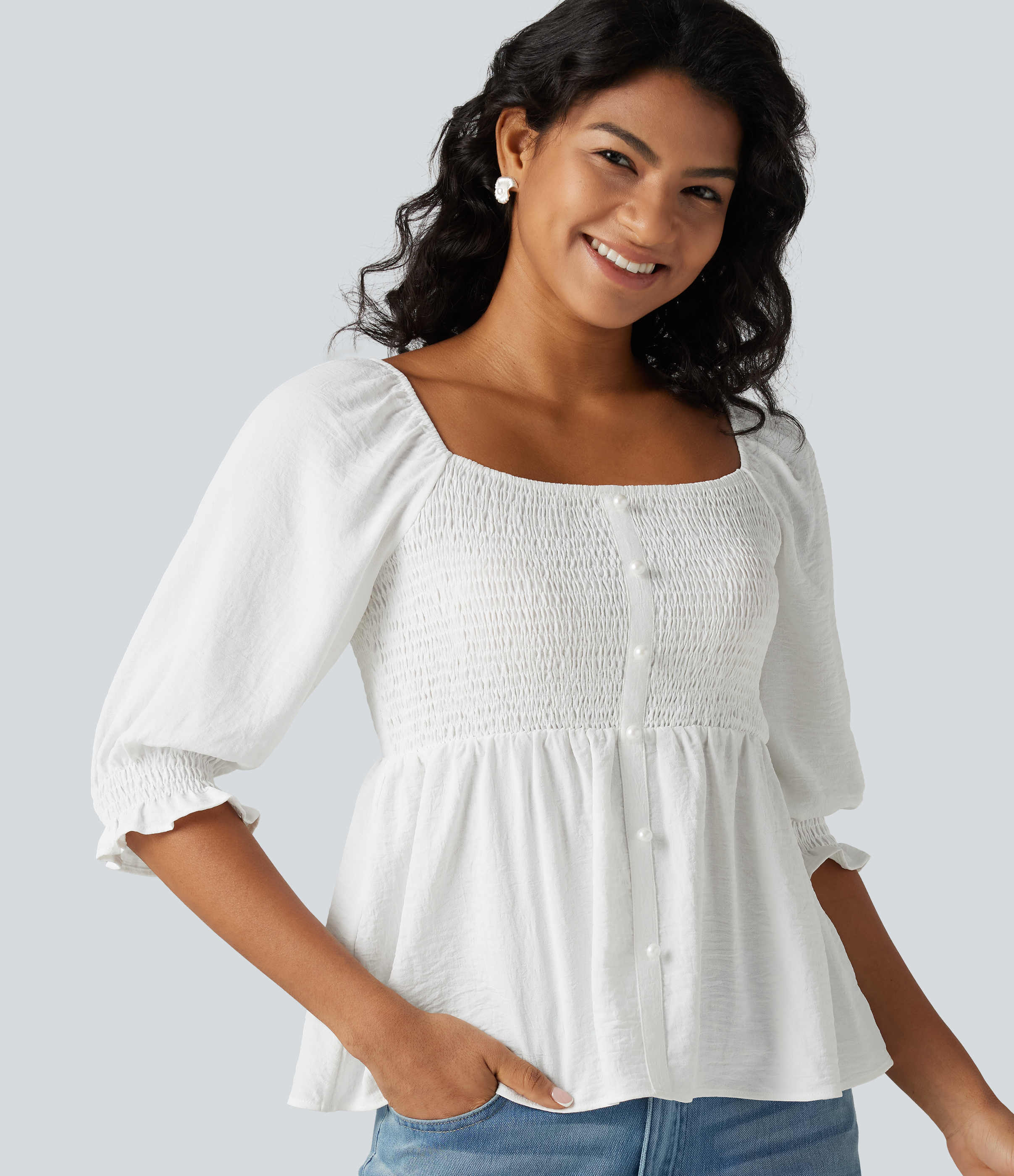 Women's Square Neck Puff Half Sleeve Shirred Casual Babydoll