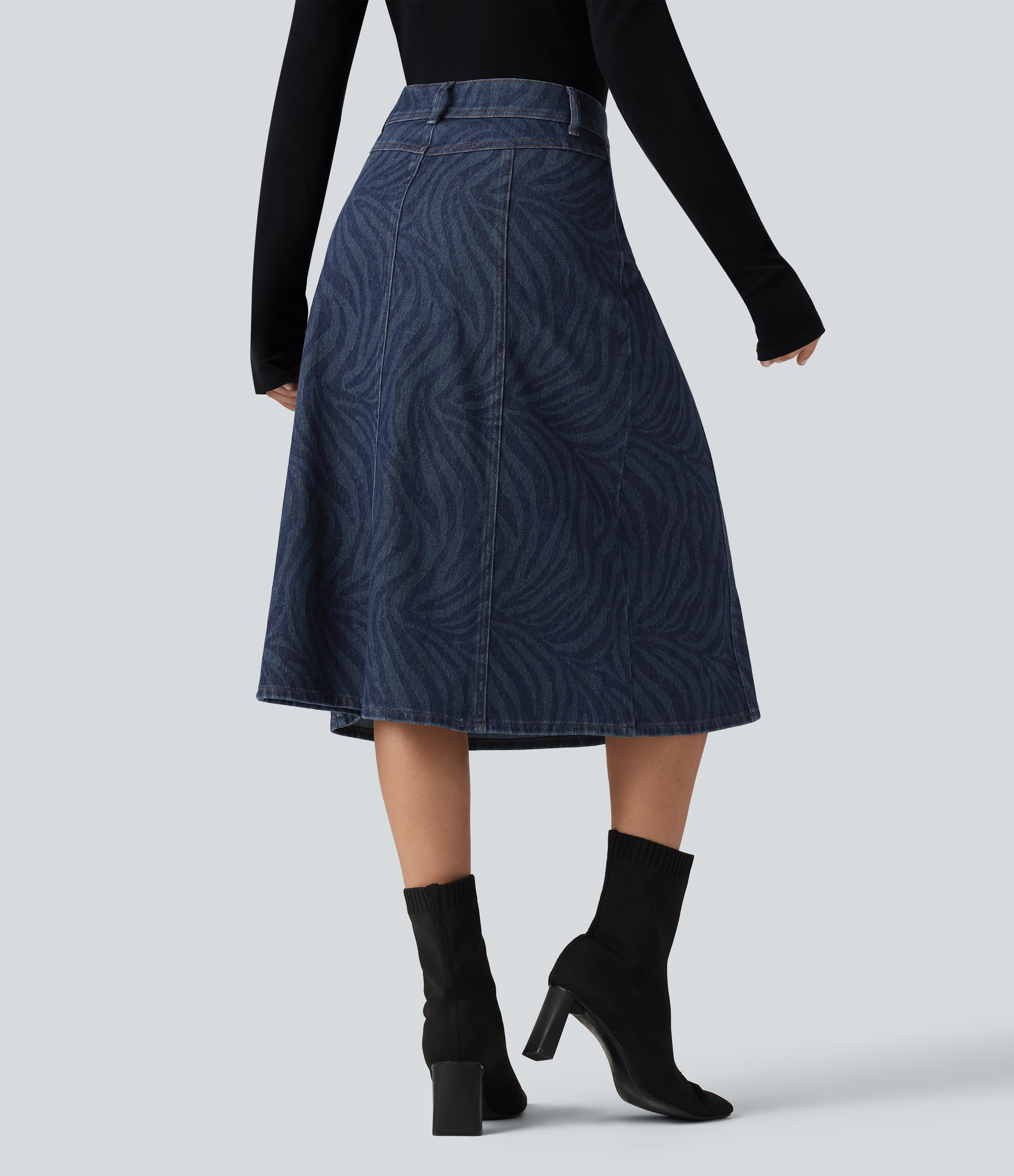 Zebra Stripe - Medium Dark Blue Halara Flex™ Mid Rise Denim Midi Casual Skirt with Pockets / 2