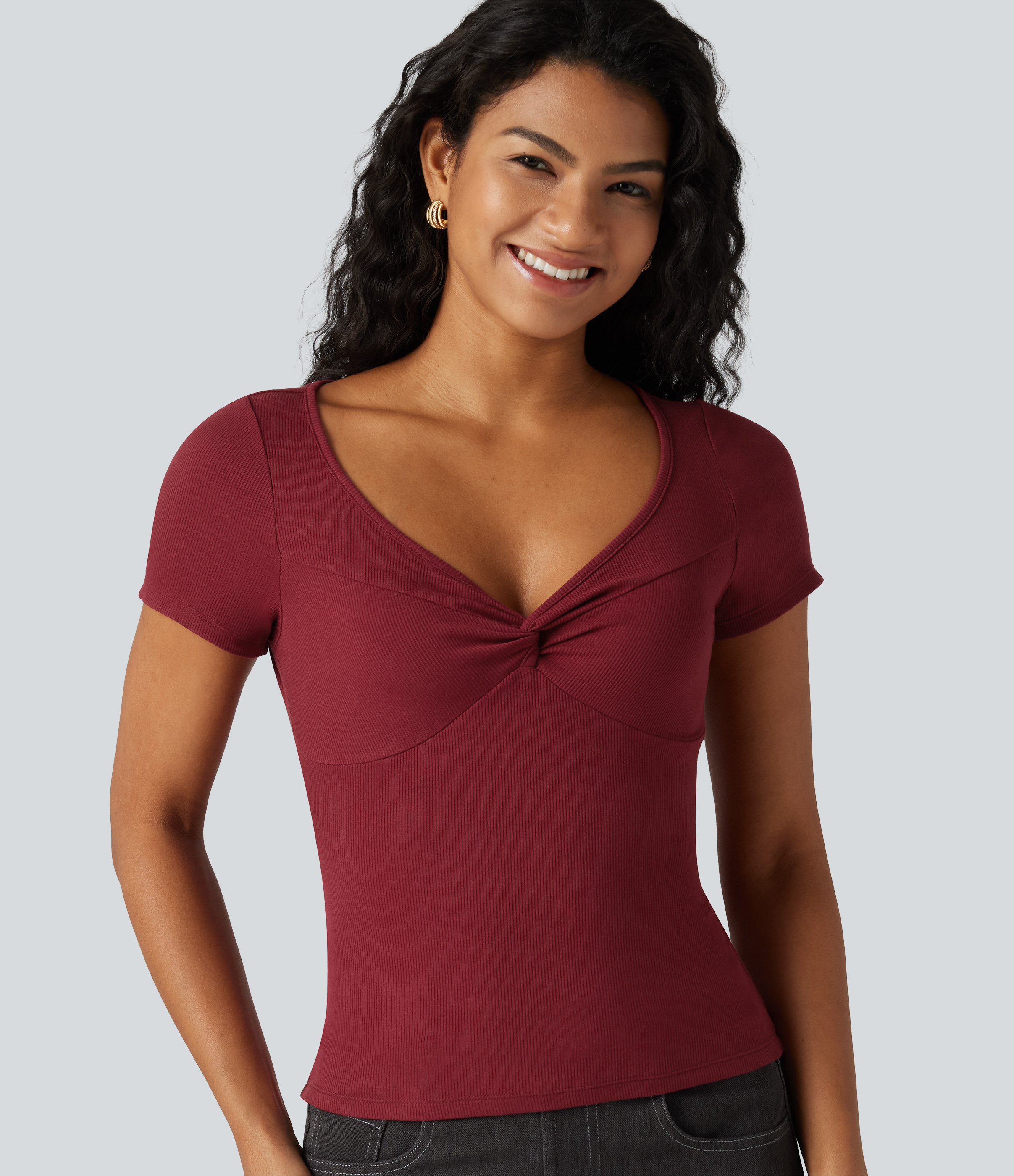 Ribbed Knit Sweetheart Neck Twisted Short Sleeve Casual Top