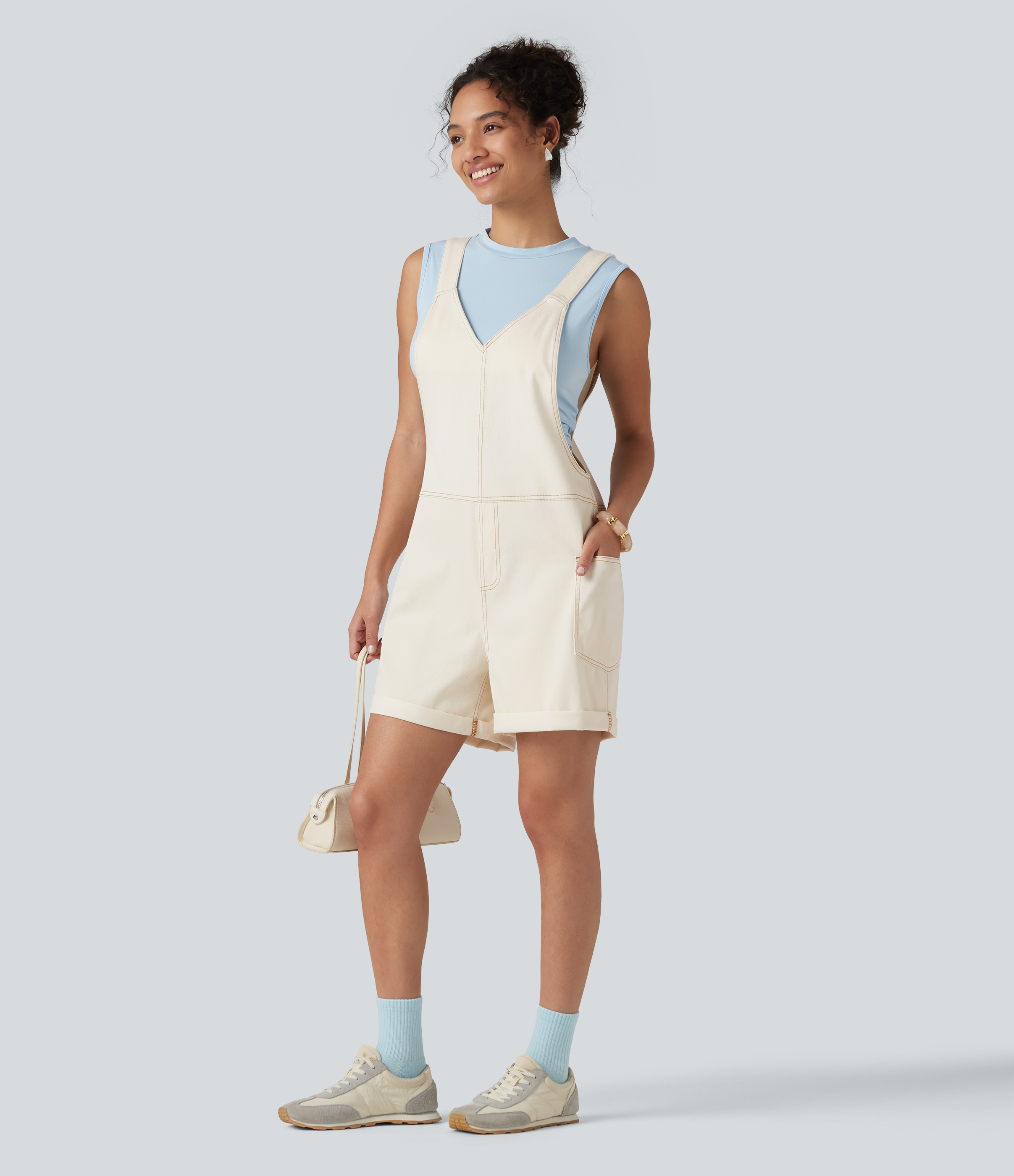 Halara Flex™ V Neck Rolled Hem Washed Denim Casual Short Overalls with Pockets