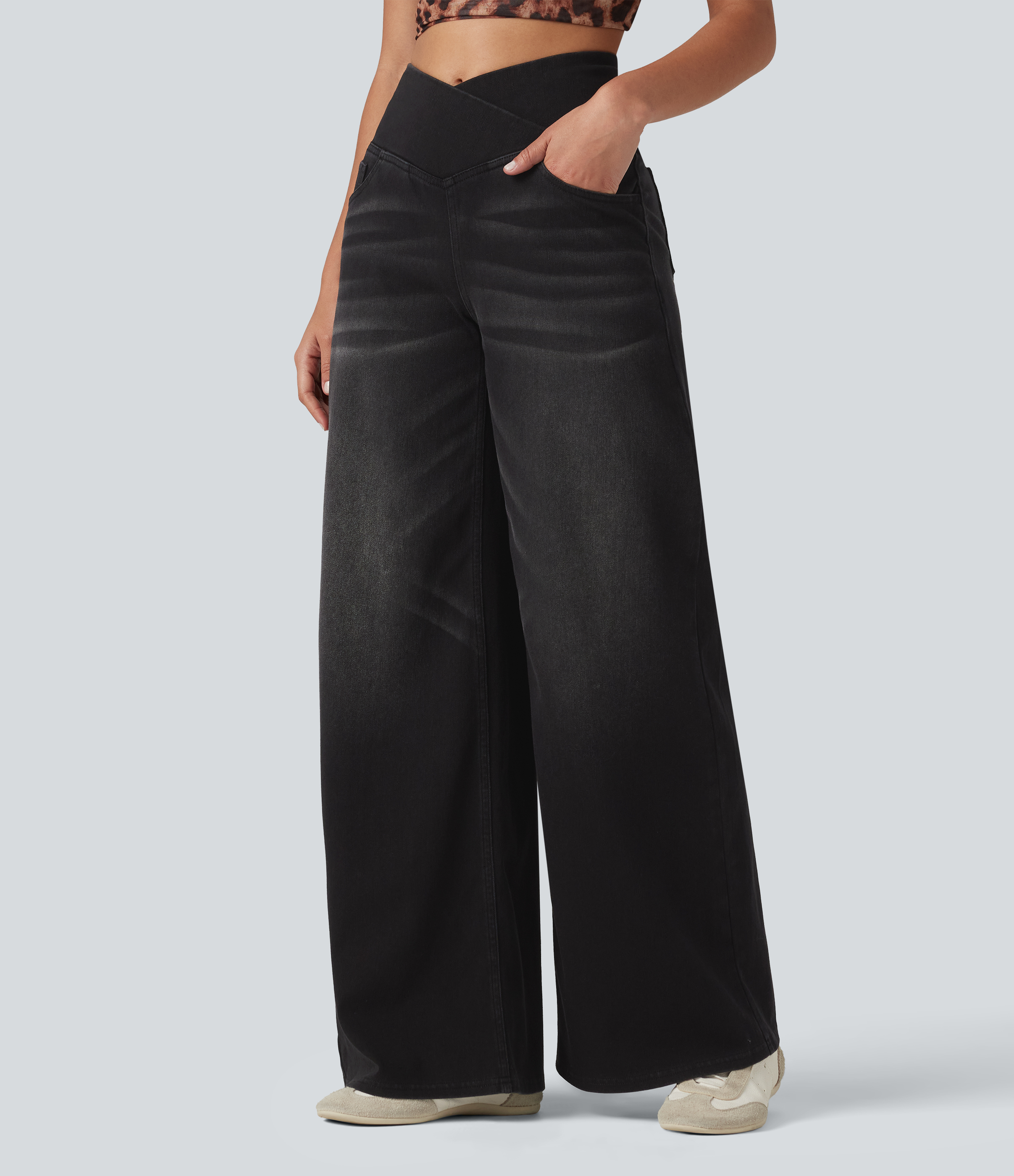 Halara Flex™ Crossover High Waisted Tummy Control Wide Leg Casual Jeans with Pockets