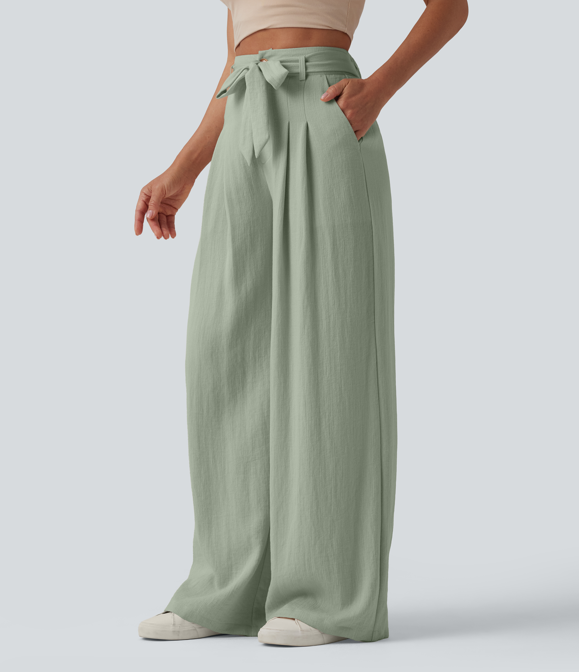 Pantalon casual ample taille haute aspect lin avec ceinture et poches