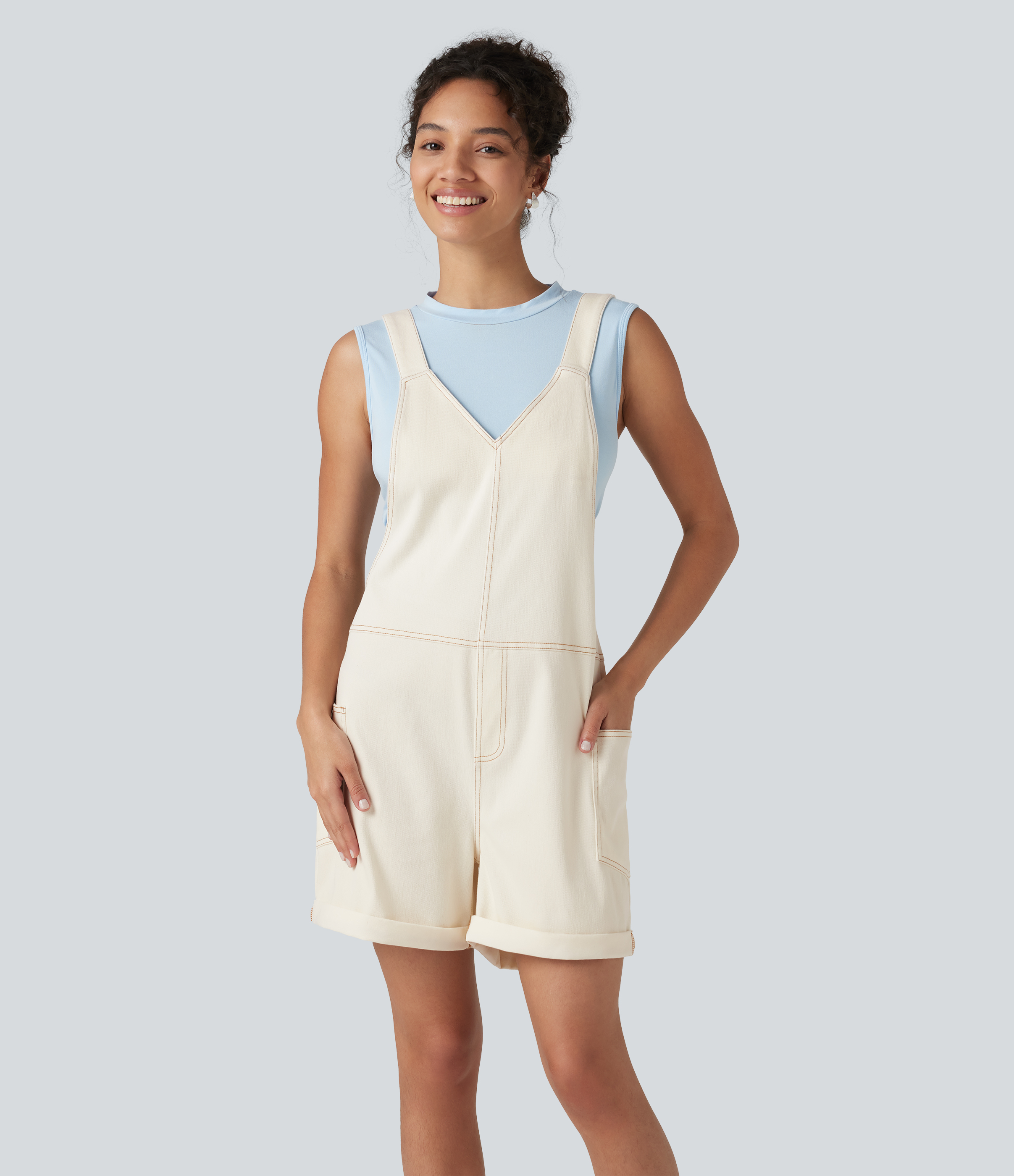 Khaki White Denim Halara Flex™ V Neck Rolled Hem Washed Denim Casual Short Overalls with Pockets / 2
