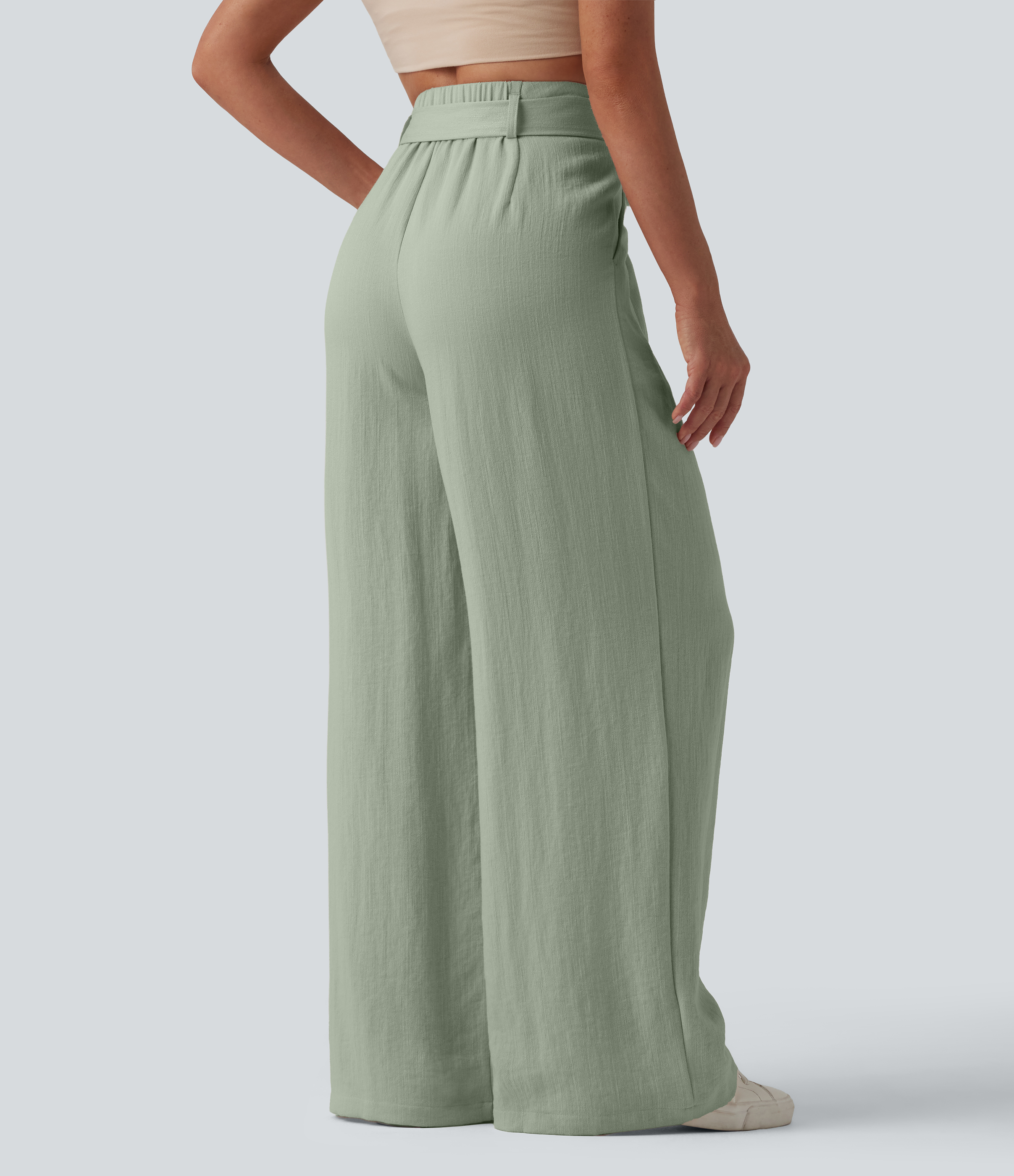 Desert Sage Pantalon casual ample taille haute aspect lin avec ceinture et poches / 2