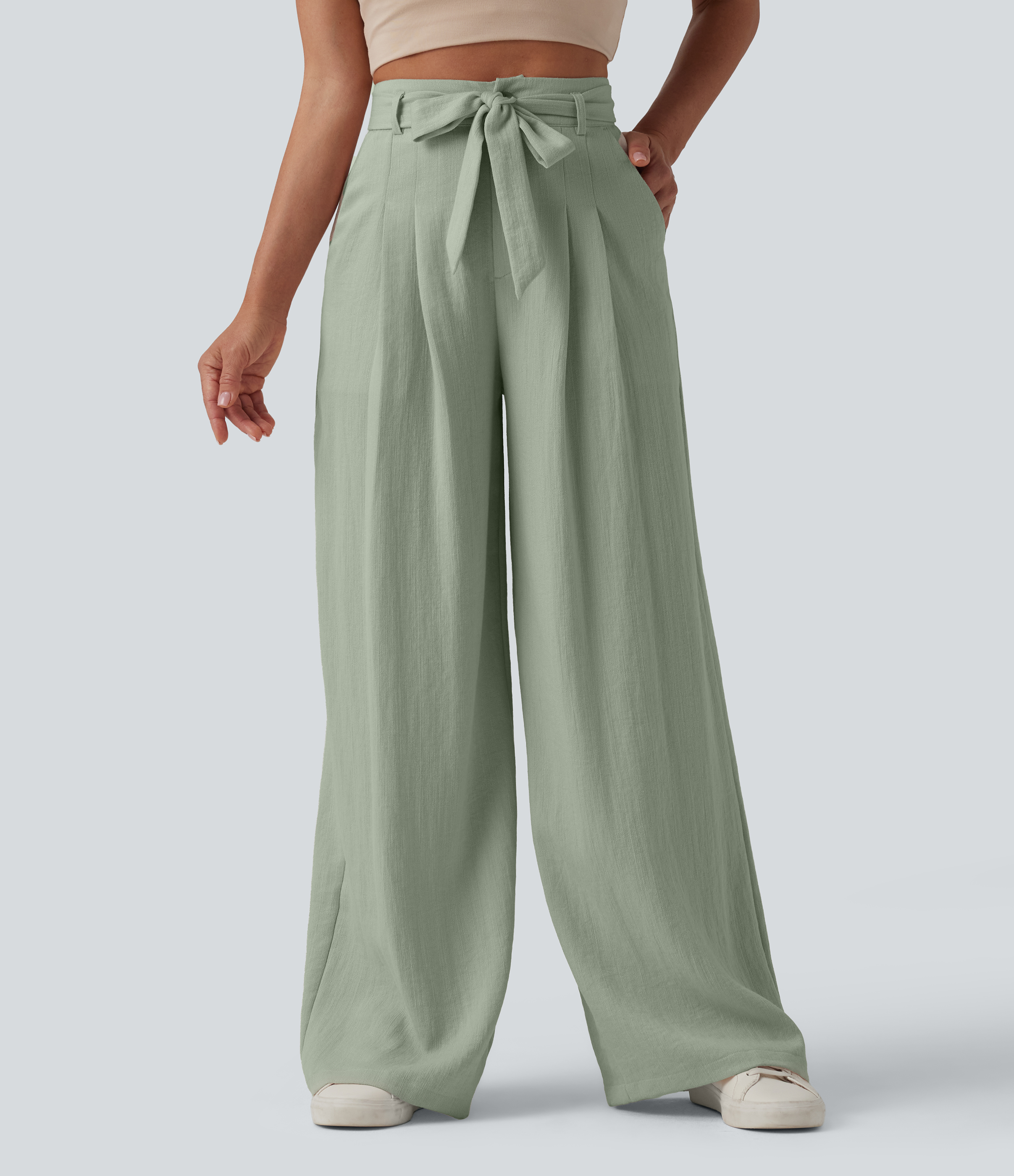 Halara High Waisted Belted Linen-Feel Casual Baggy Pants with Pockets - Desert Sage - XS(regular) sweatpants jogger Pants stacked sweatpants