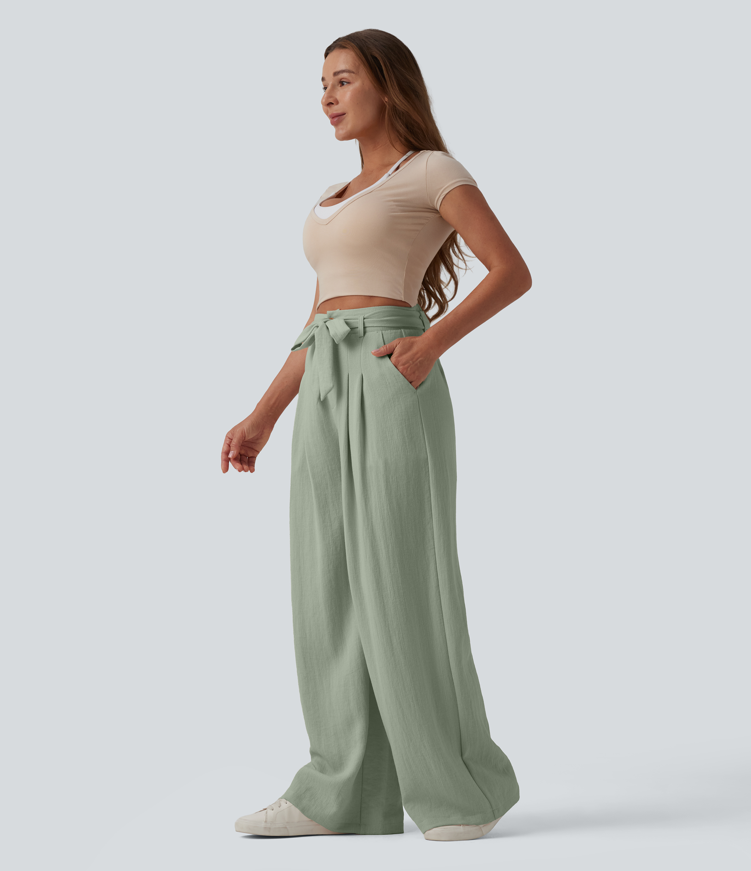 Halara High Waisted Belted Linen-Feel Casual Baggy Pants with Pockets - Desert Sage - XS(regular) sweatpants jogger Pants stacked sweatpants Halara High Waisted Belted Linen-Feel Casual Baggy Pants with Pockets - Desert Sage - XS(regular) sweatpants jogger Pants stacked sweatpants