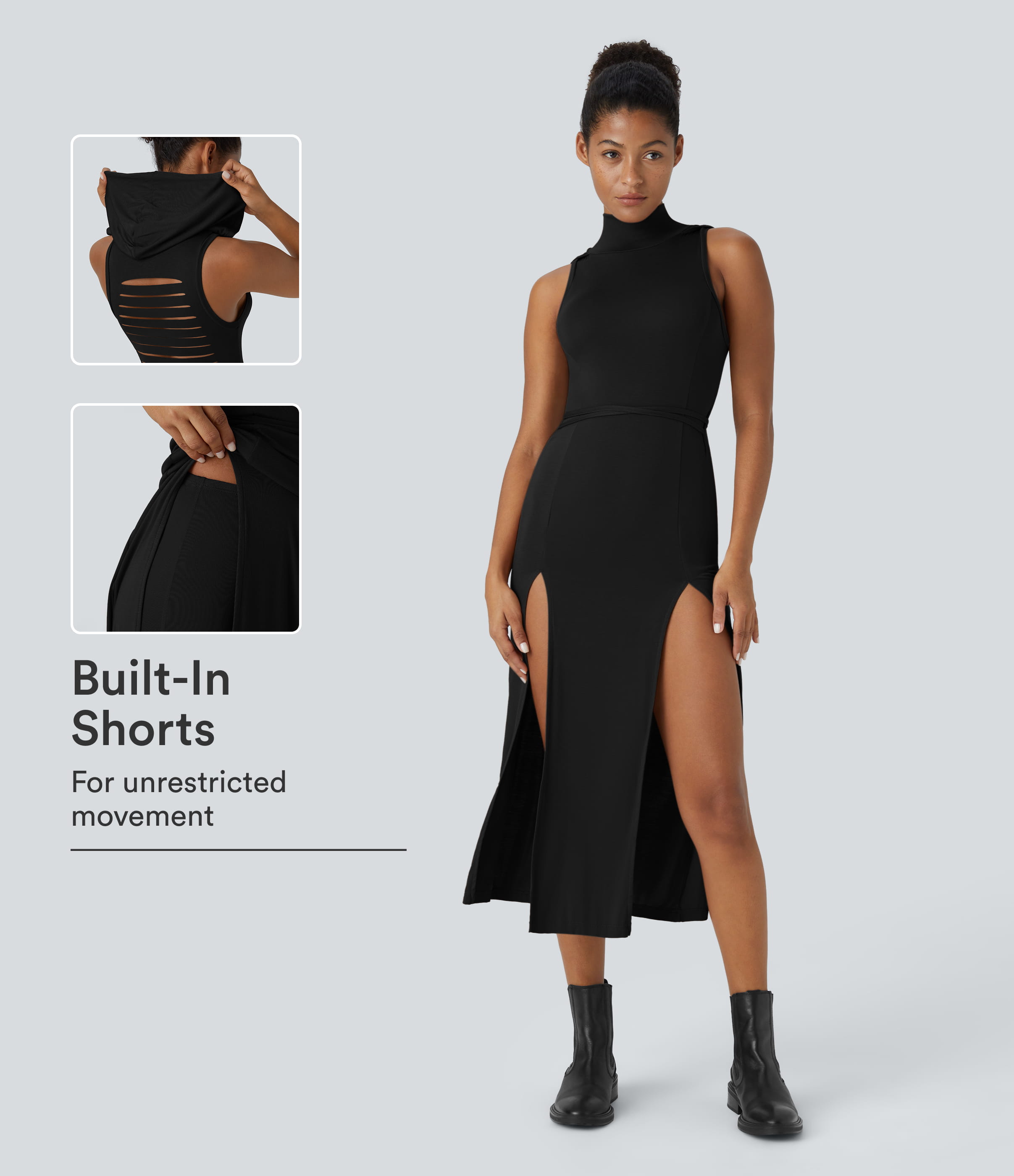 Ribbed Hooded High Neck Sleeveless Cut Out Tie Back 2-Piece Midi Casual Dress