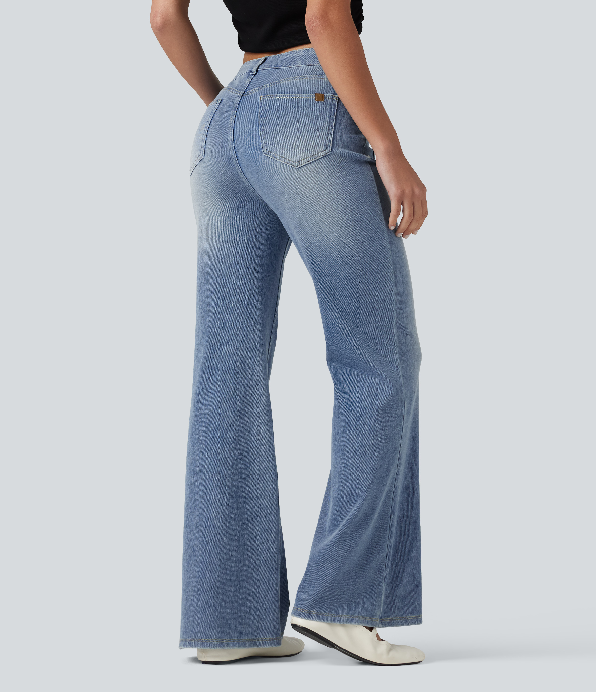 Blue Flower Denim Halara Flex™ Mid Rise Casual Flare Jeans with Pockets / 2