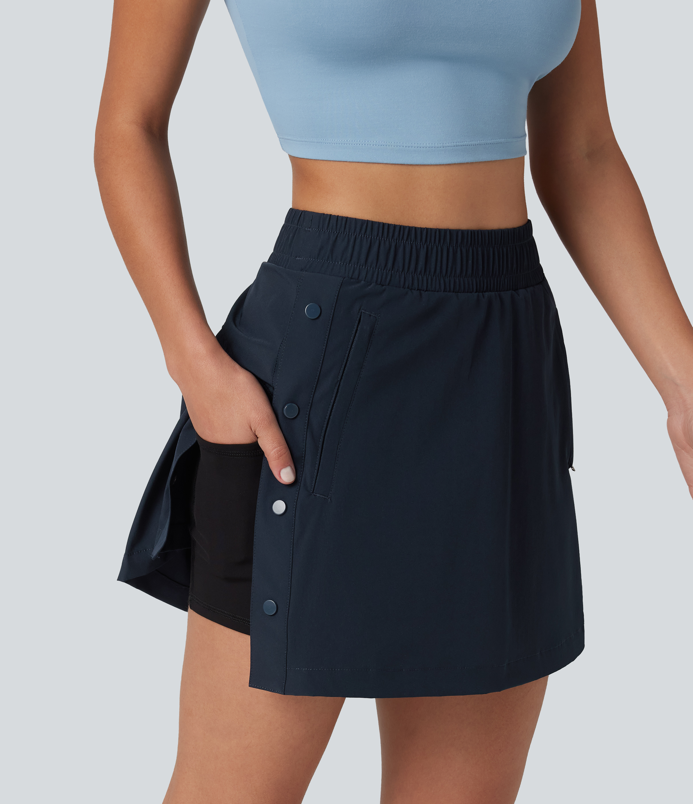 High Waisted Snap Buttons 2-in-1 Mini Hiking A-Line Skirt with Pockets